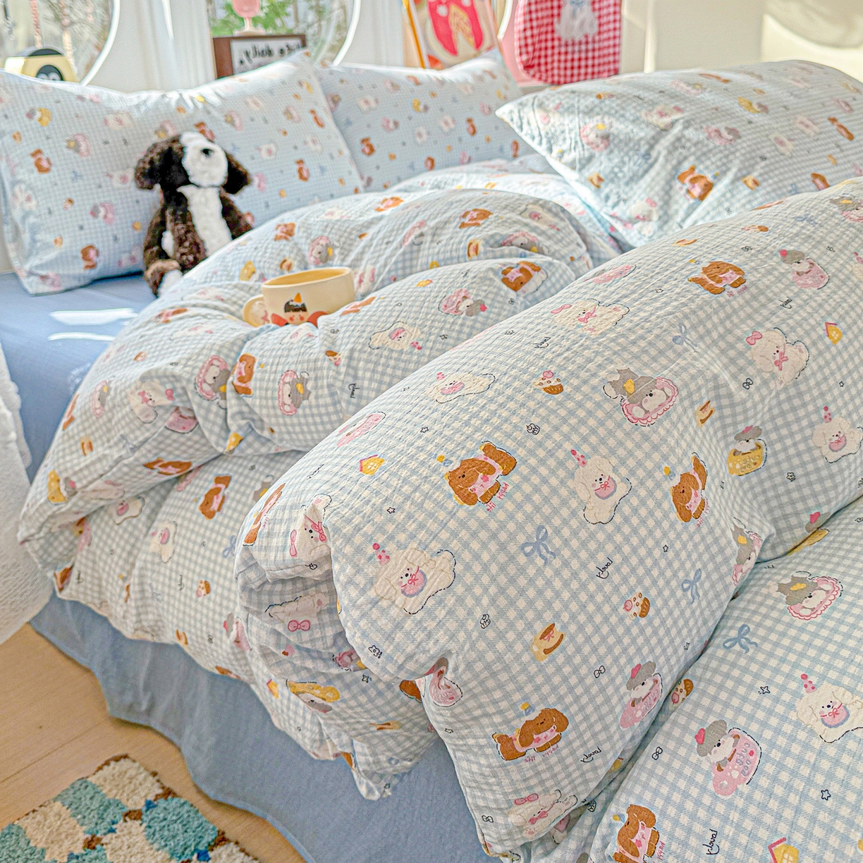 朵朵家纺 2026新款云感木棉皱皱纱双层纱印花四件套 萌宠派对