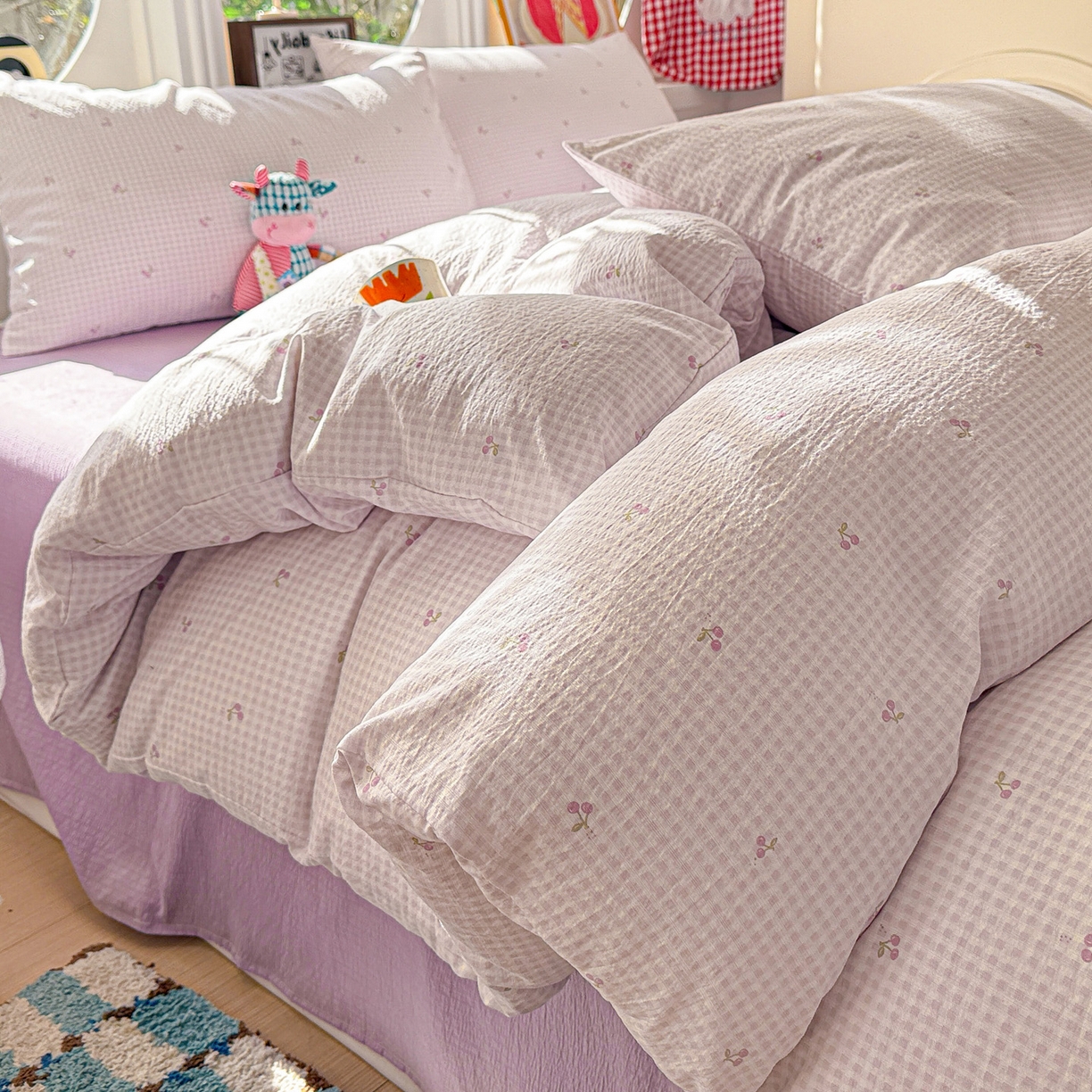 朵朵家纺 2026新款云感木棉皱皱纱双层纱印花四件套 小樱桃