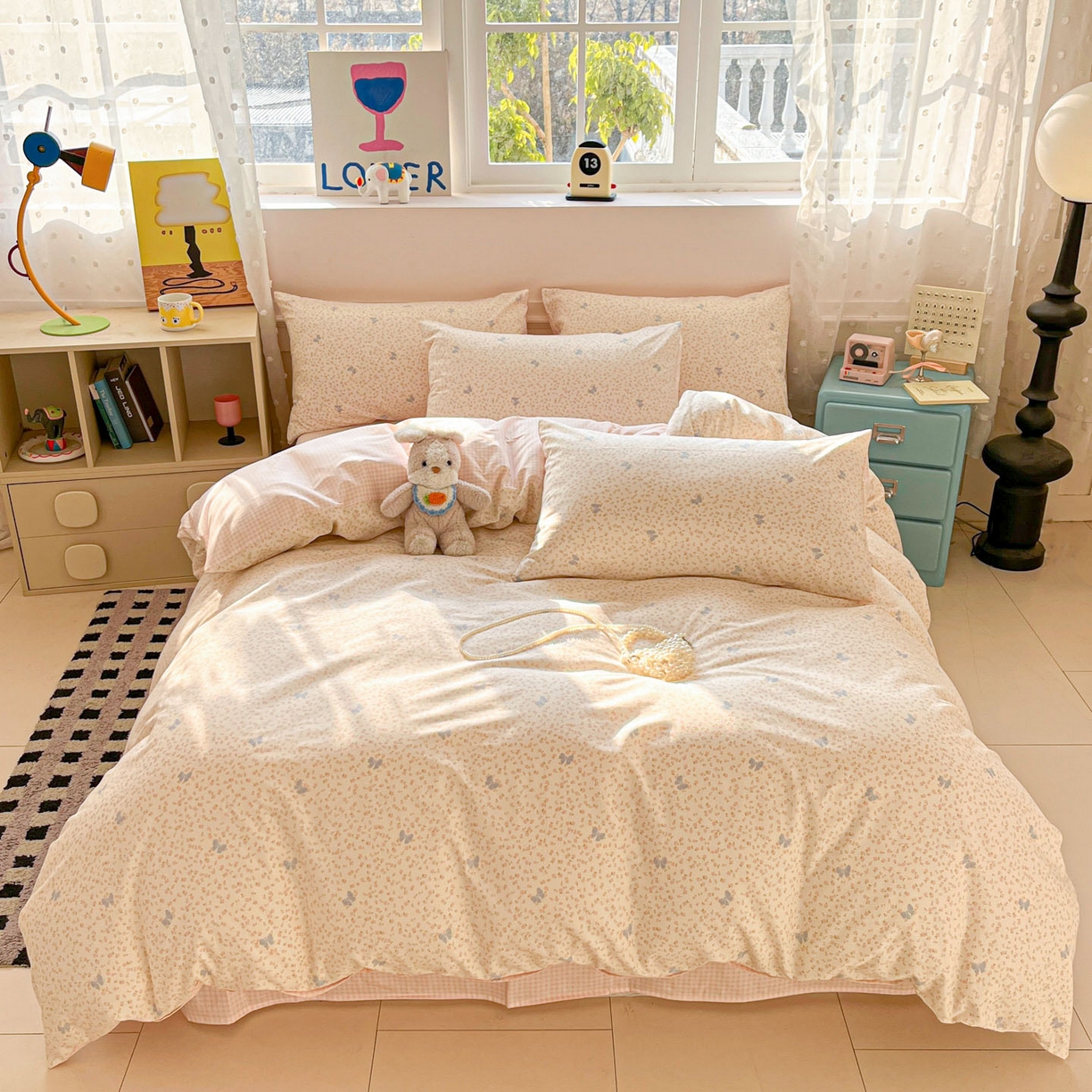 91家纺网 家纺一手货源 找家纺 麦伦家居 2026春夏新品13372全棉卡通小清新四件套 蝴蝶结花朵粉