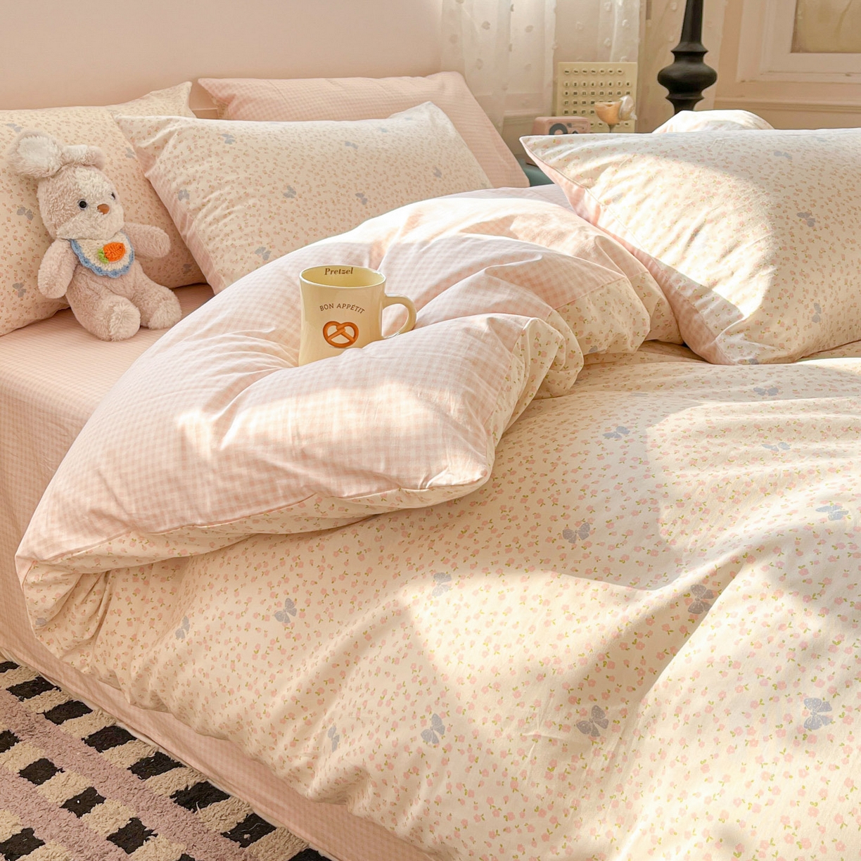 麦伦家居 2026春夏新品13372全棉卡通小清新四件套 蝴蝶结花朵粉