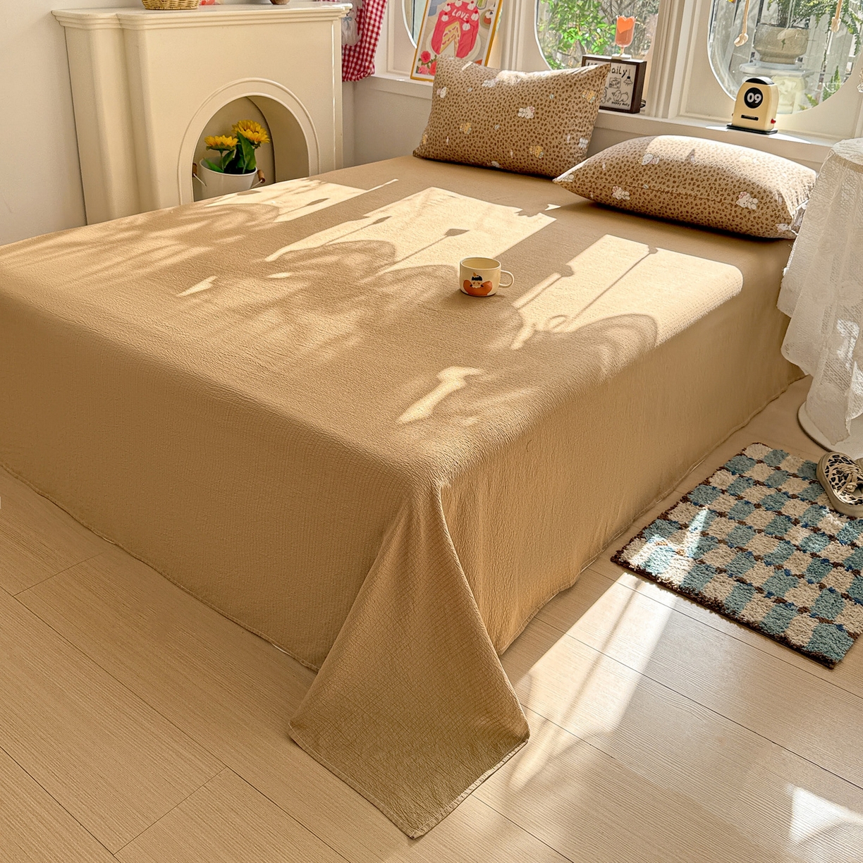 91家纺网 家纺一手货源 找家纺 朵朵家纺 2026新款云感木棉皱皱纱双层纱印花四件套 豹纹KT