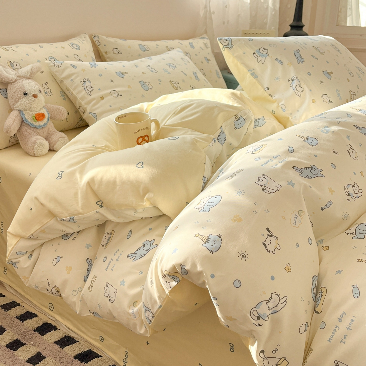 91家纺网 家纺一手货源 找家纺 麦伦家居 2026春夏新品13372全棉卡通小清新四件套 机灵猫