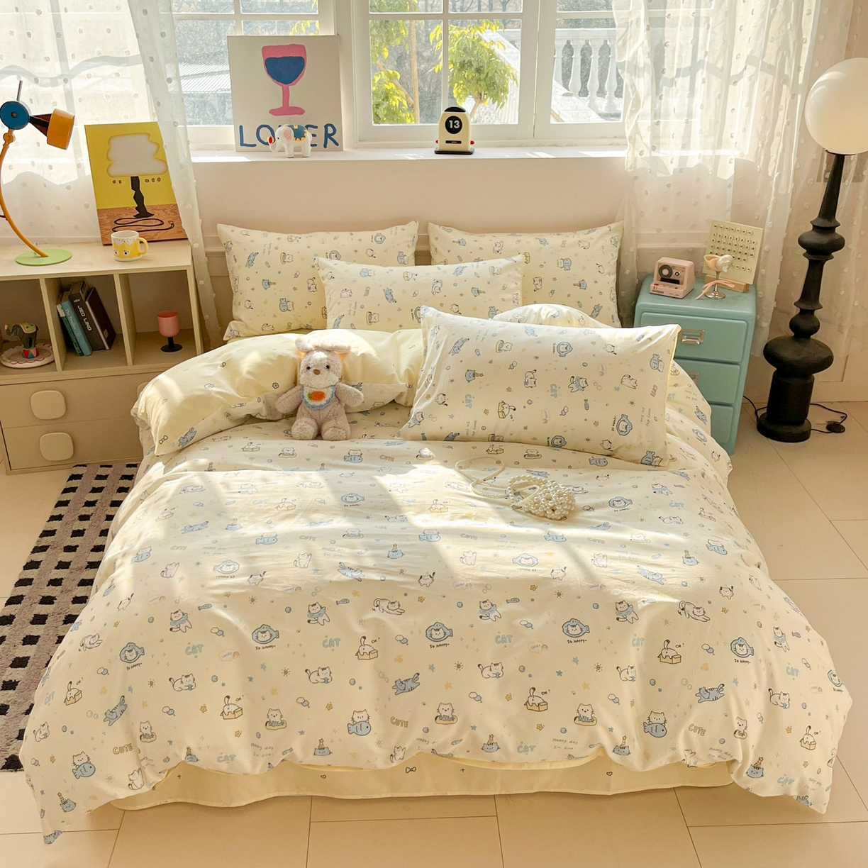 91家纺网 家纺一手货源 找家纺 麦伦家居 2026春夏新品13372全棉卡通小清新四件套 机灵猫