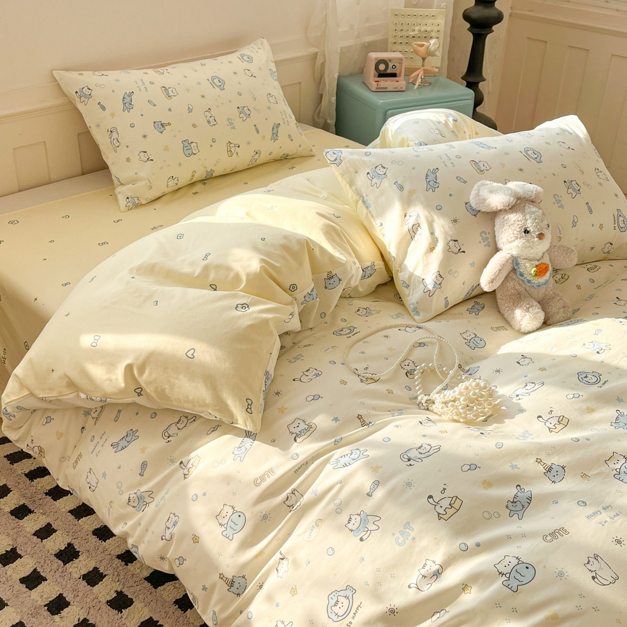 麦伦家居 2026春夏新品13372全棉卡通小清新四件套 机灵猫