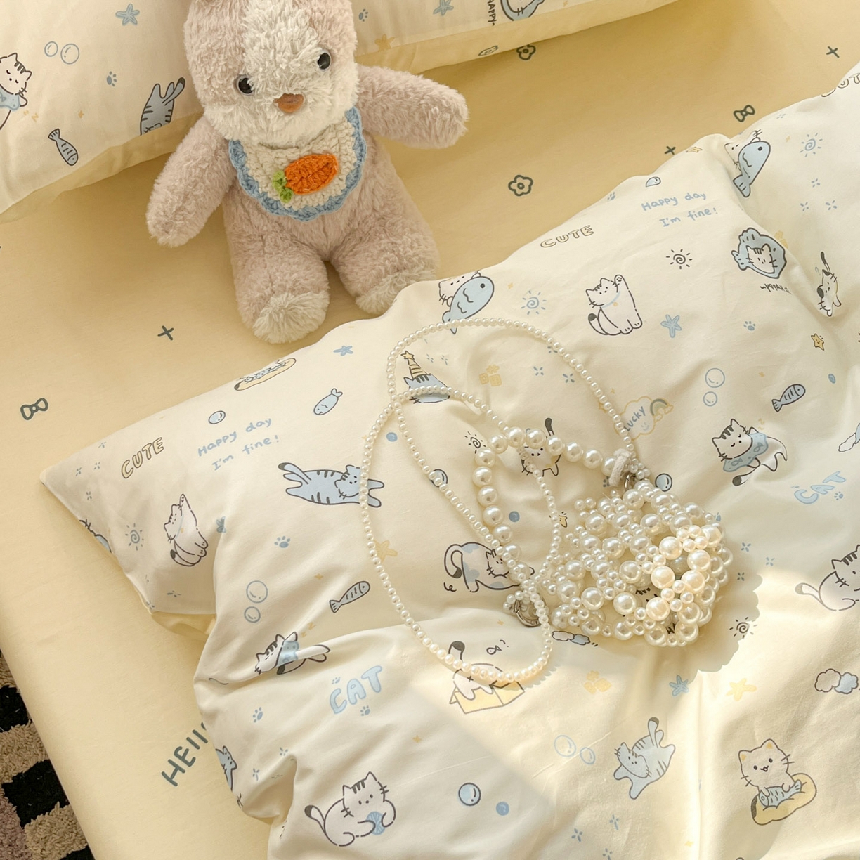 91家纺网 家纺一手货源 找家纺 麦伦家居 2026春夏新品13372全棉卡通小清新四件套 机灵猫