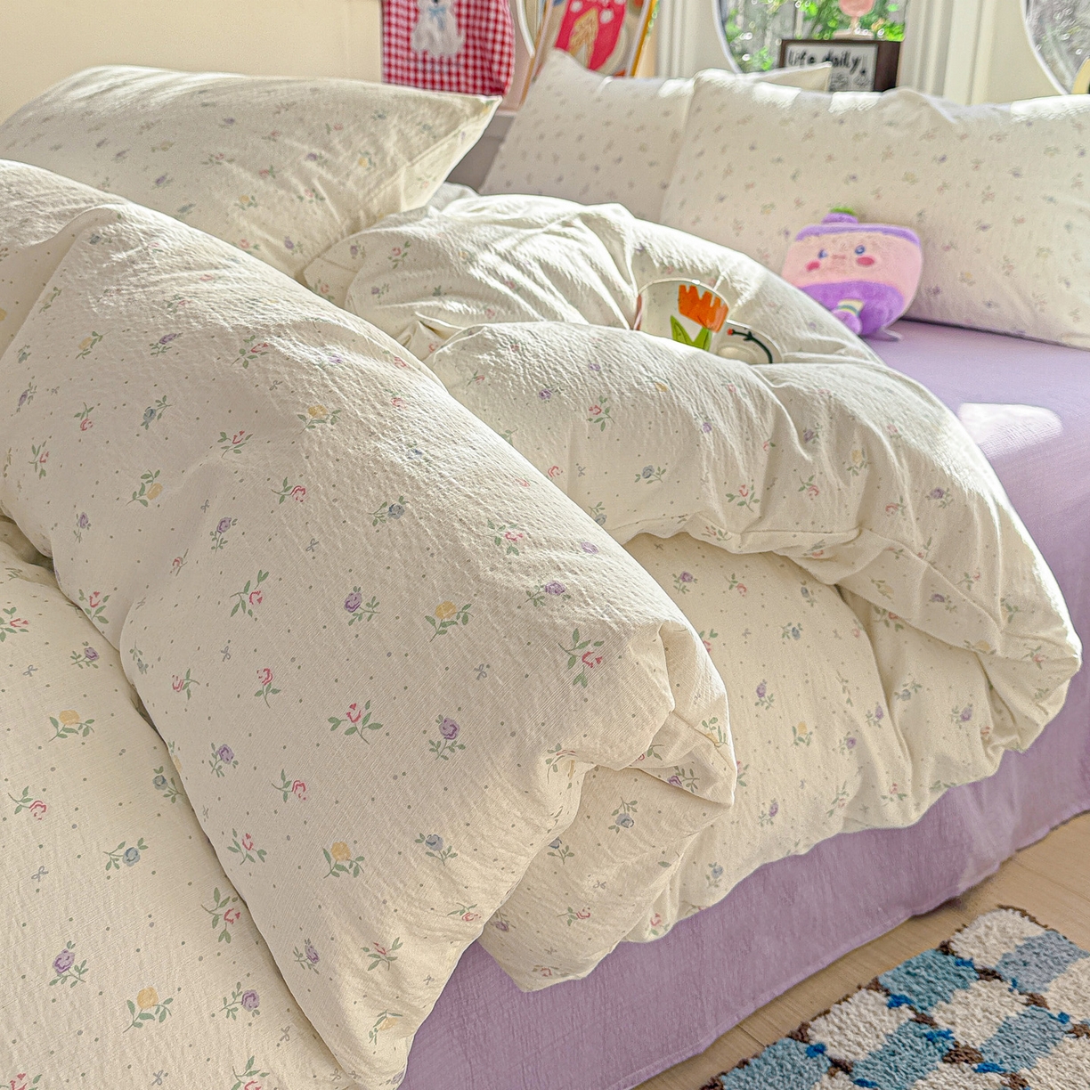 91家纺网 家纺一手货源 找家纺 朵朵家纺 2026新款云感木棉皱皱纱双层纱印花四件套 繁星春水