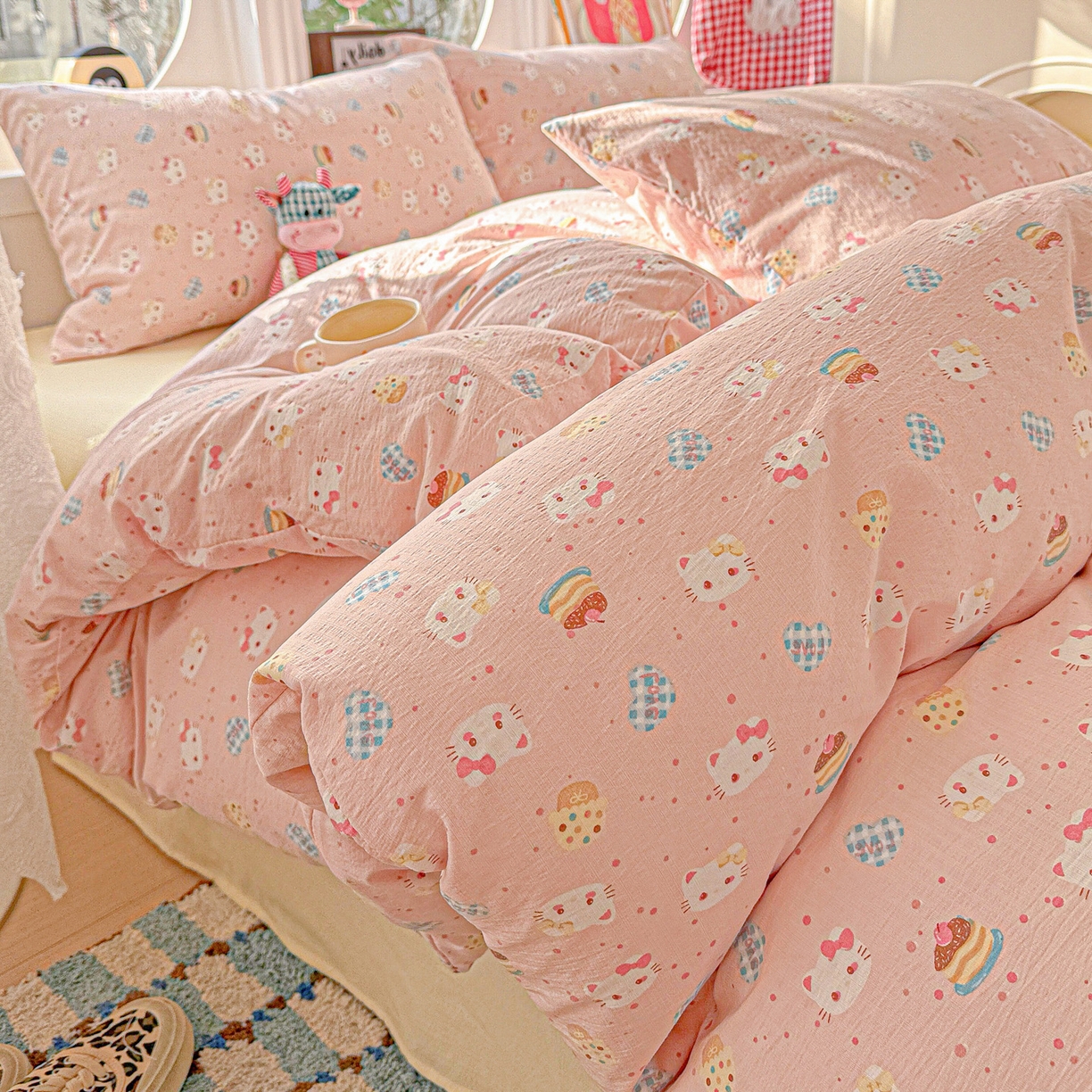 朵朵家纺 2026新款云感木棉皱皱纱双层纱印花四件套 蛋糕喵