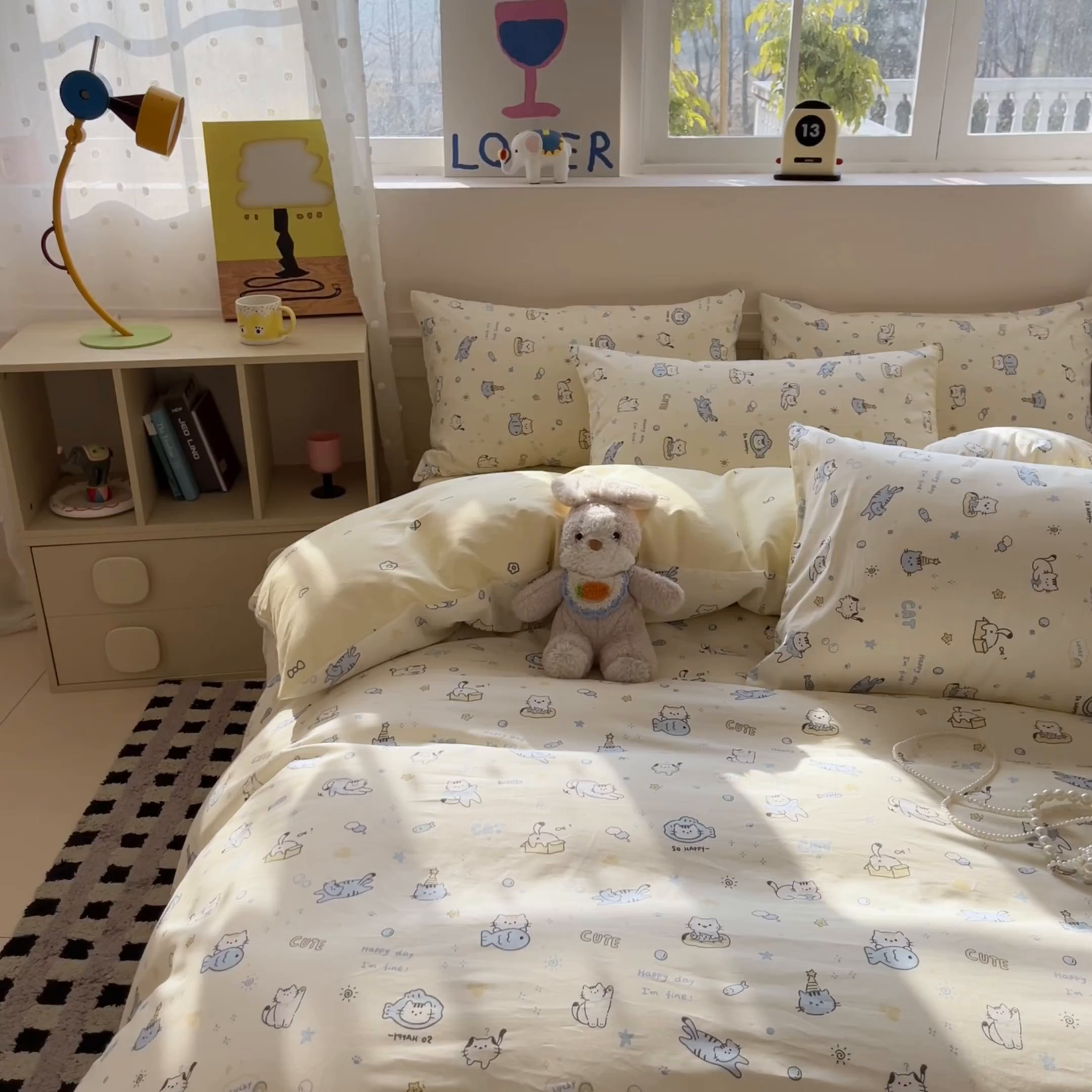 91家纺网 家纺一手货源 找家纺 麦伦家居 2026春夏新品13372全棉卡通小清新四件套 机灵猫