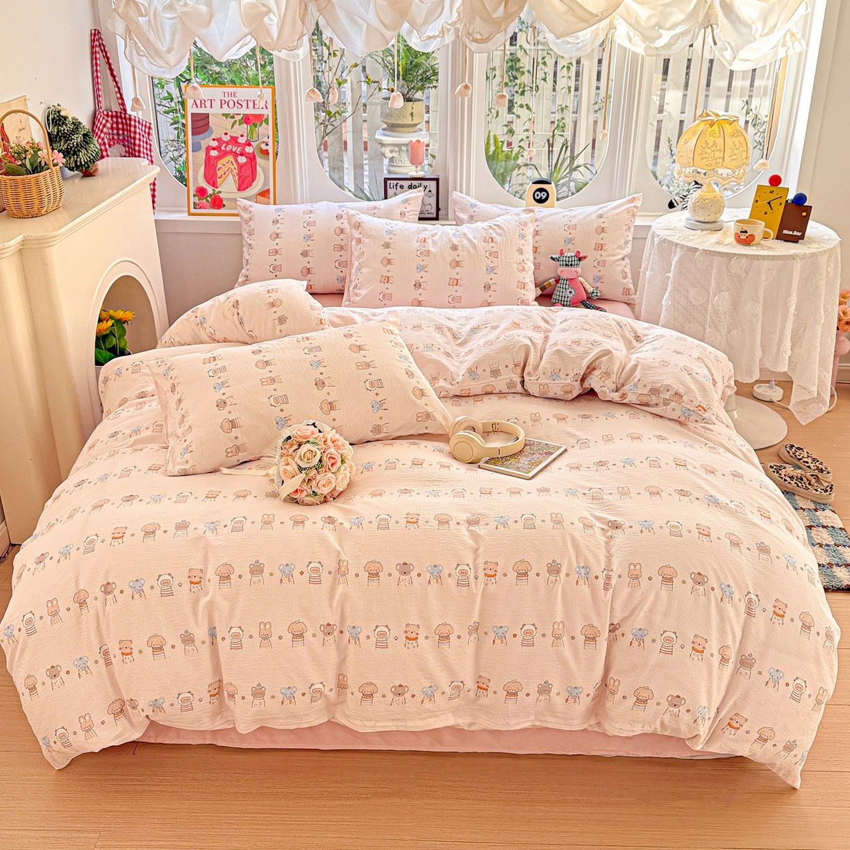 91家纺网 家纺一手货源 找家纺 朵朵家纺 2026新款云感木棉皱皱纱双层纱印花四件套 森林乐园