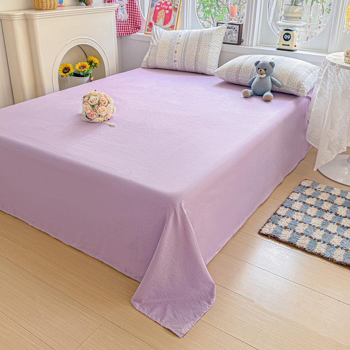 91家纺网 家纺一手货源 找家纺 朵朵家纺 2026新款云感木棉皱皱纱双层纱印花四件套 安琪拉