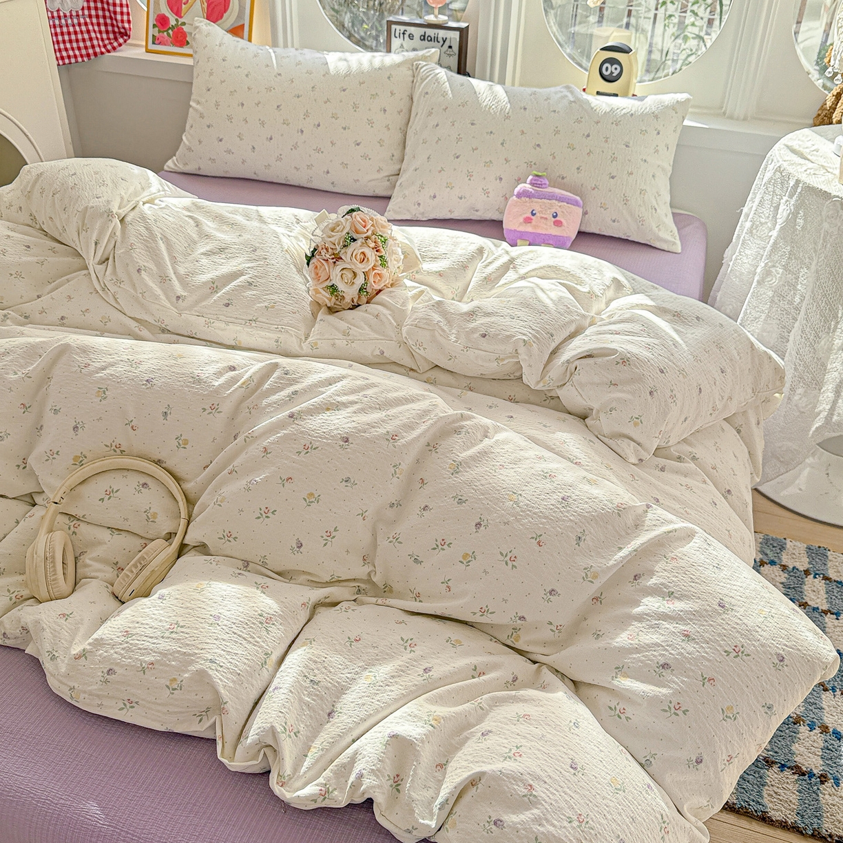 91家纺网 家纺一手货源 找家纺 朵朵家纺 2026新款云感木棉皱皱纱双层纱印花四件套 繁星春水