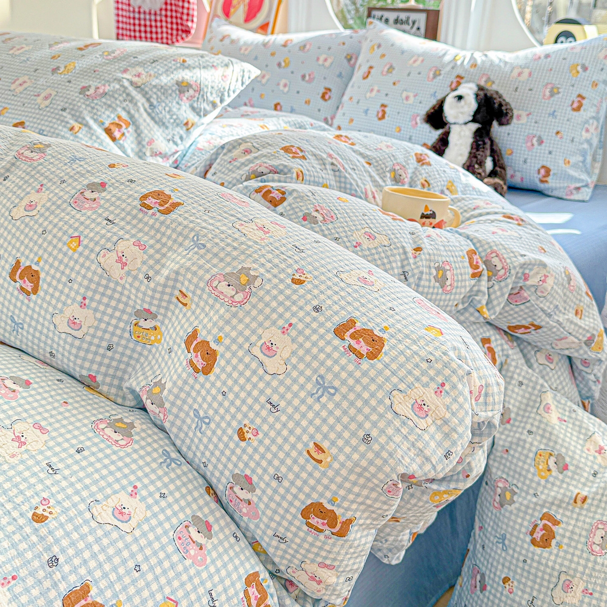 91家纺网 家纺一手货源 找家纺 朵朵家纺 2026新款云感木棉皱皱纱双层纱印花四件套 萌宠派对