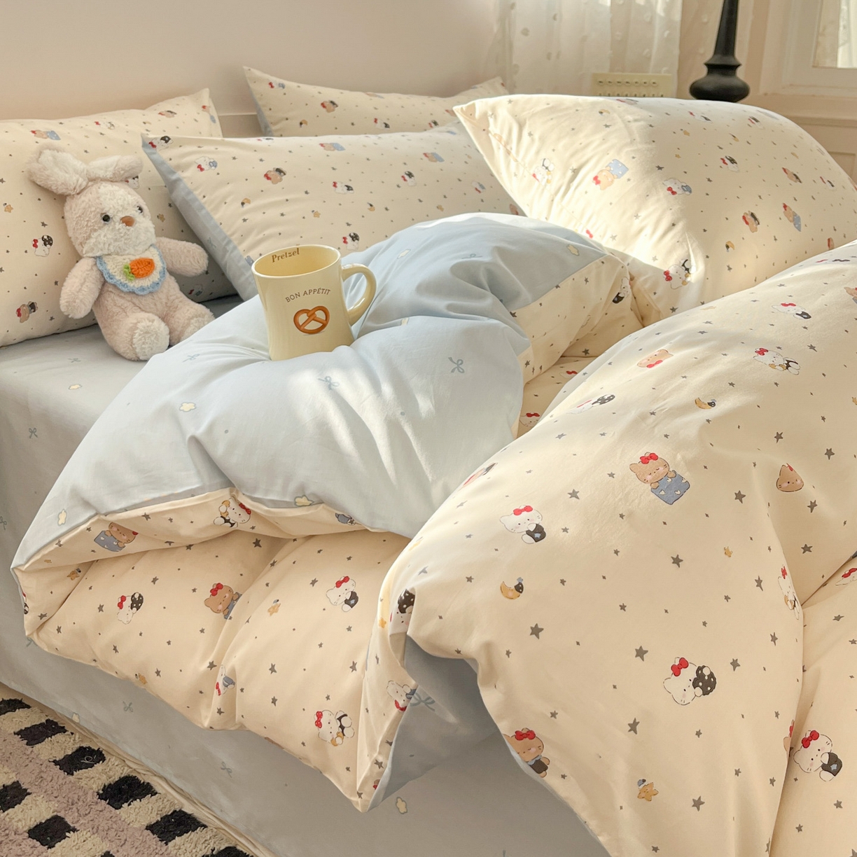 91家纺网 家纺一手货源 找家纺 麦伦家居 2026春夏新品13372全棉卡通小清新四件套 咖啡猫