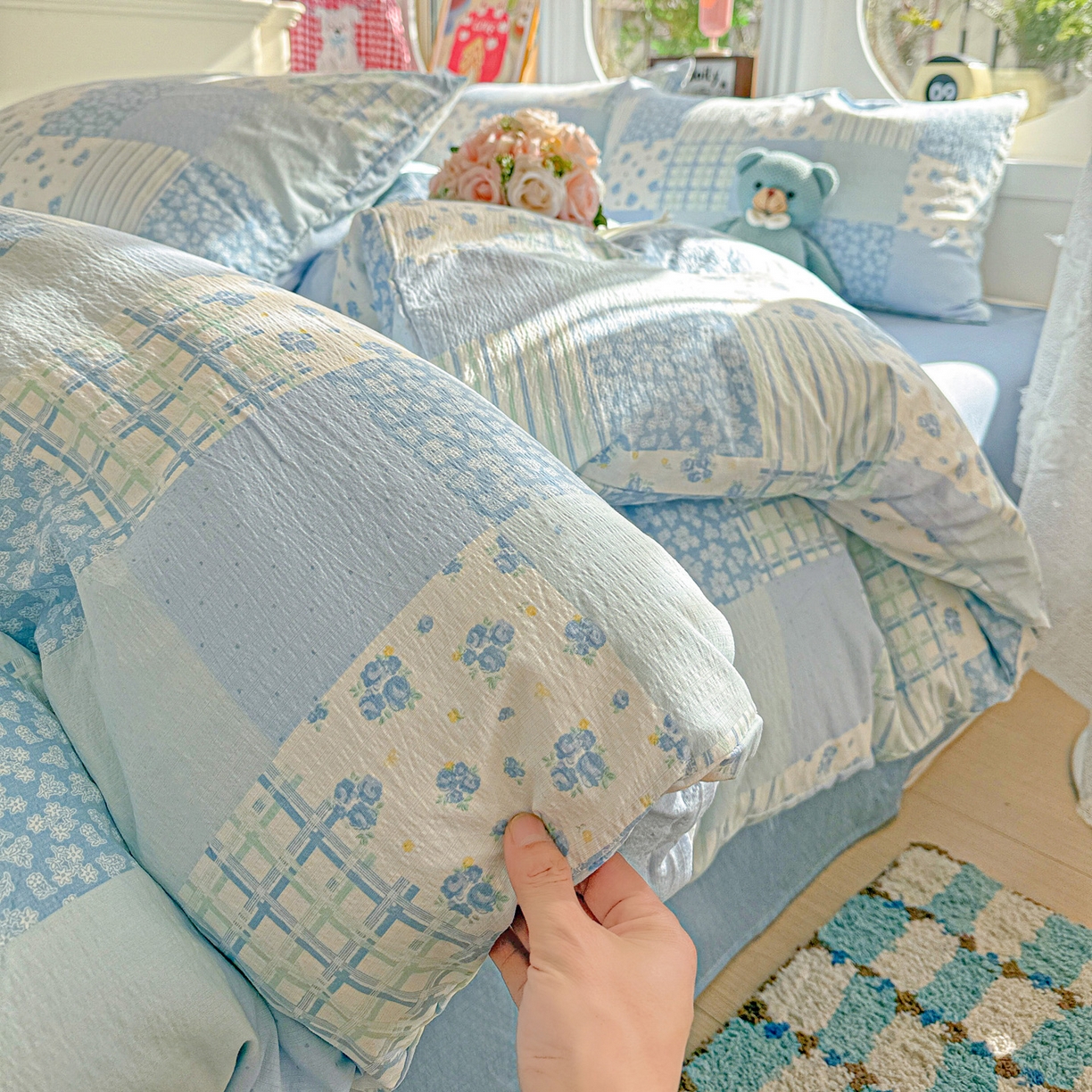 91家纺网 家纺一手货源 找家纺 朵朵家纺 2026新款云感木棉皱皱纱双层纱印花四件套 兰溪