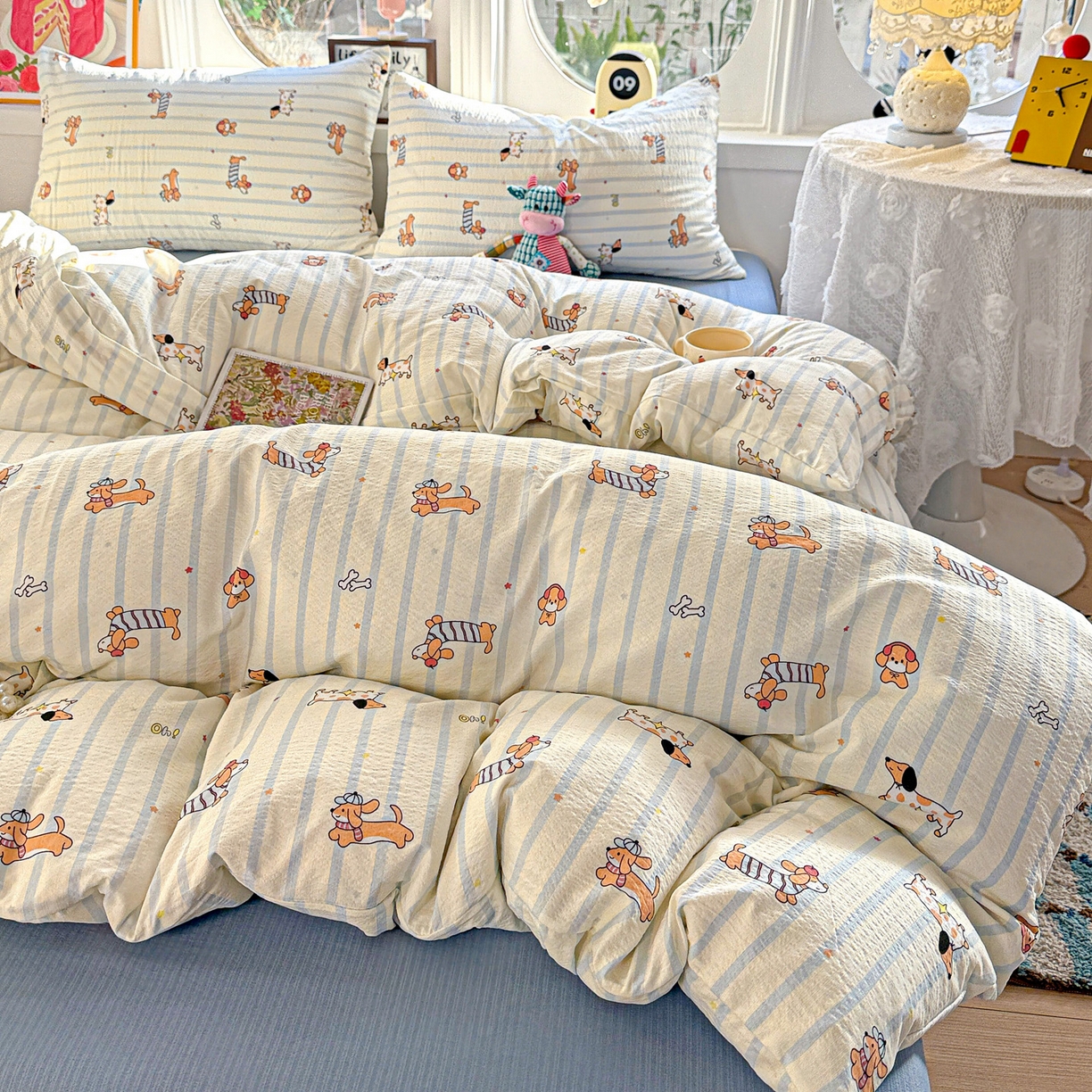 91家纺网 家纺一手货源 找家纺 朵朵家纺 2026新款云感木棉皱皱纱双层纱印花四件套 来财梦