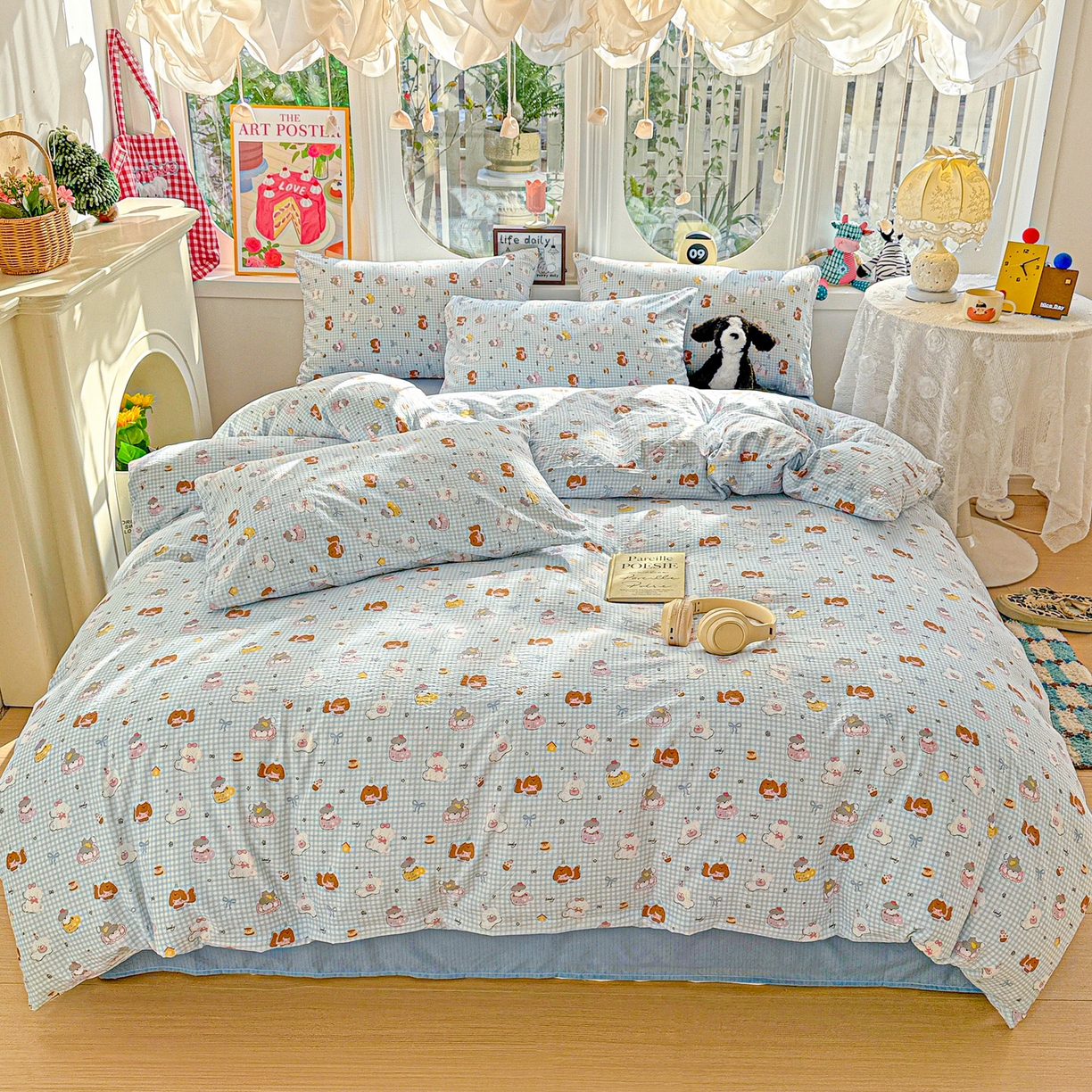 91家纺网 家纺一手货源 找家纺 朵朵家纺 2026新款云感木棉皱皱纱双层纱印花四件套 萌宠派对