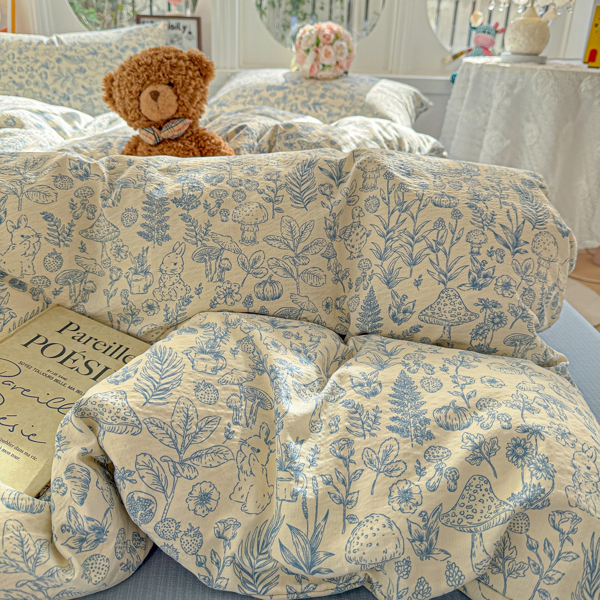 91家纺网 家纺一手货源 找家纺 朵朵家纺 2026新款云感木棉皱皱纱双层纱印花四件套 森林密语