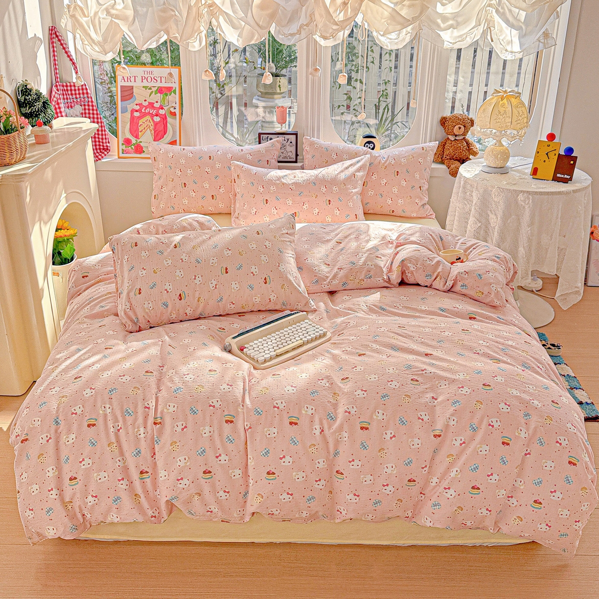 91家纺网 家纺一手货源 找家纺 朵朵家纺 2026新款云感木棉皱皱纱双层纱印花四件套 蛋糕喵