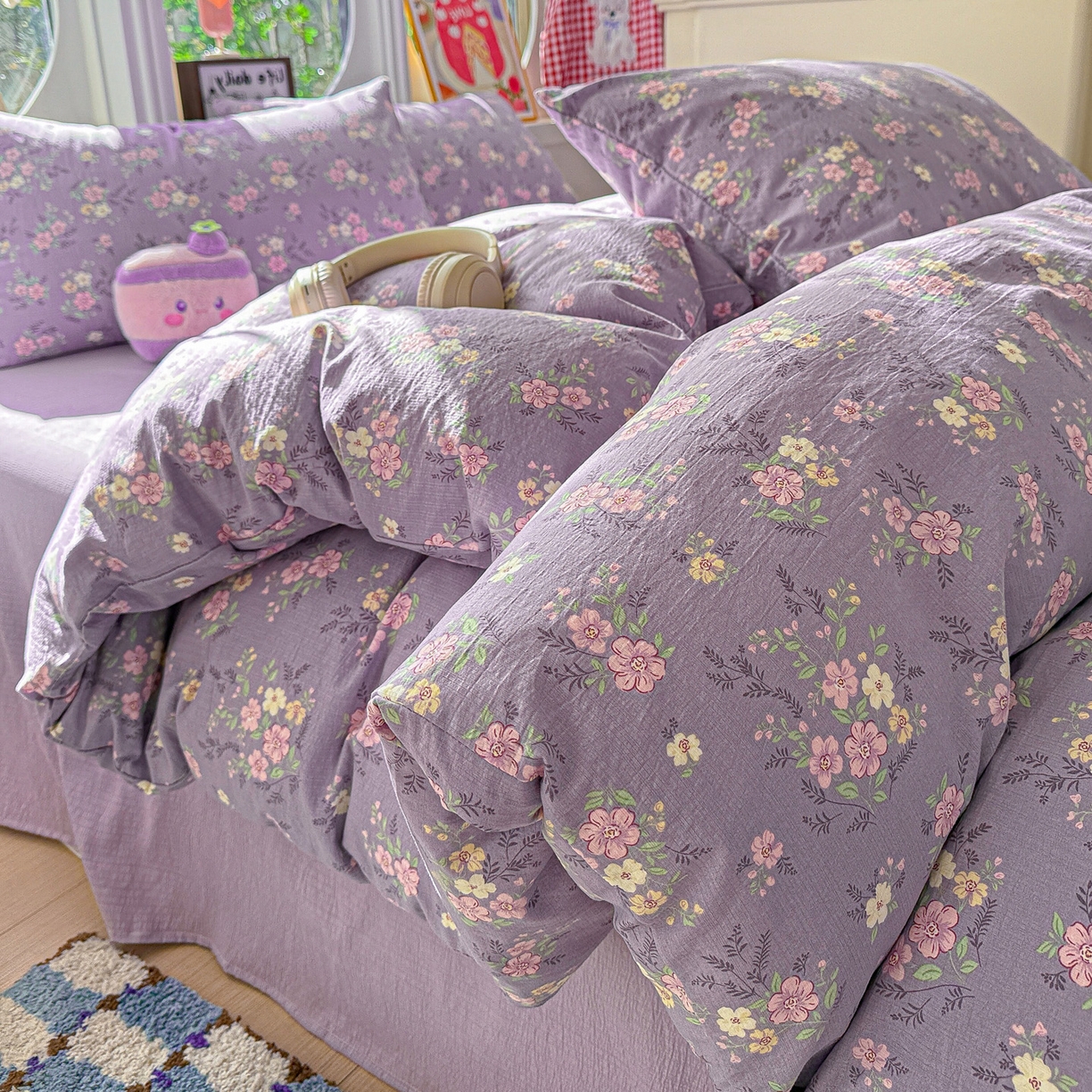 朵朵家纺 2026新款云感木棉皱皱纱双层纱印花四件套 芊芊花语