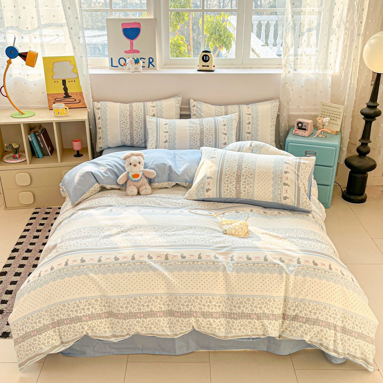 91家纺网 家纺一手货源 找家纺 麦伦家居 2026春夏新品13372全棉卡通小清新四件套 蕾丝小兔