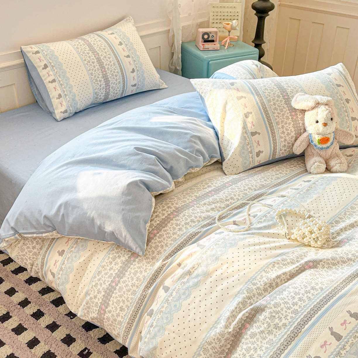 91家纺网 家纺一手货源 找家纺 麦伦家居 2026春夏新品13372全棉卡通小清新四件套 蕾丝小兔