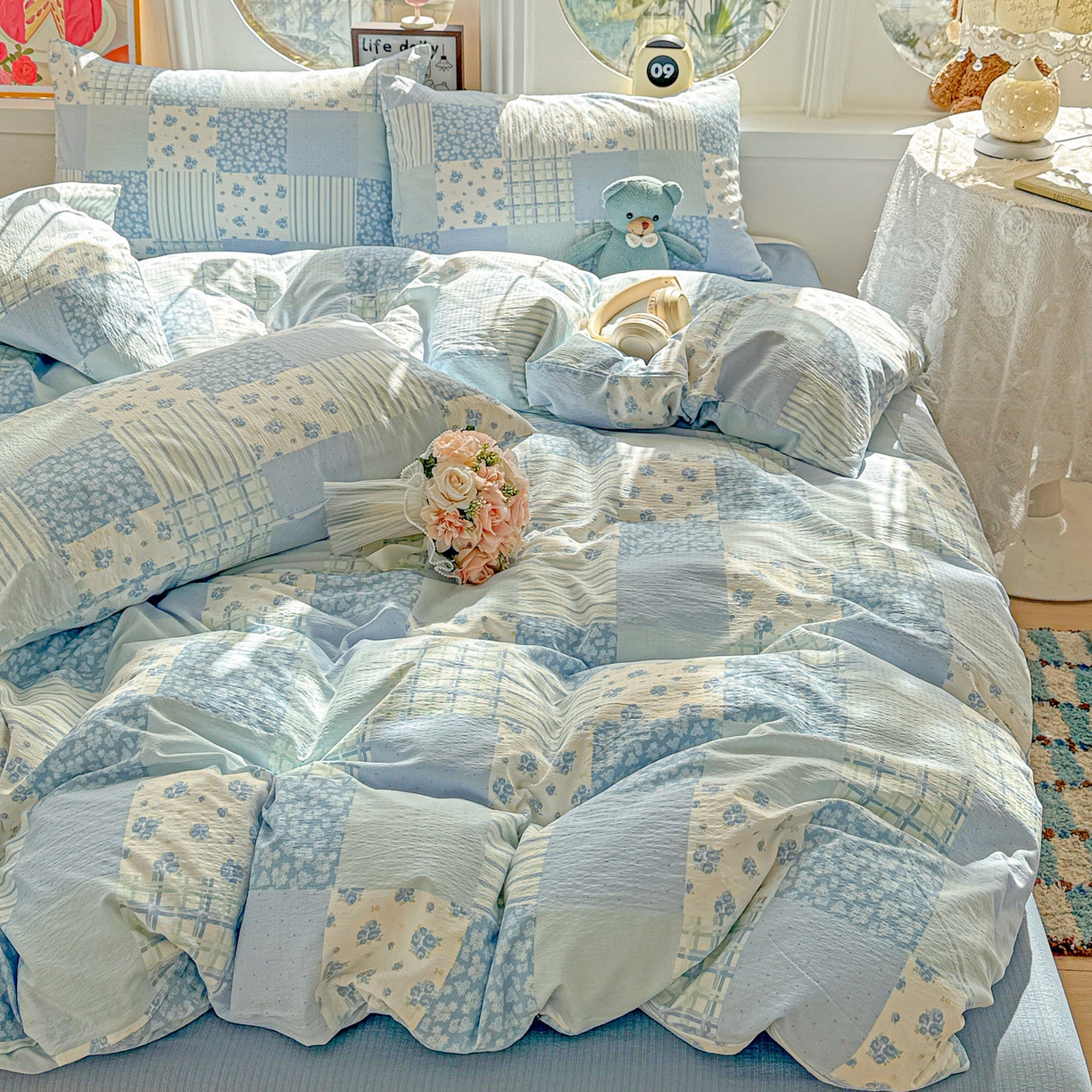 91家纺网 家纺一手货源 找家纺 朵朵家纺 2026新款云感木棉皱皱纱双层纱印花四件套 兰溪