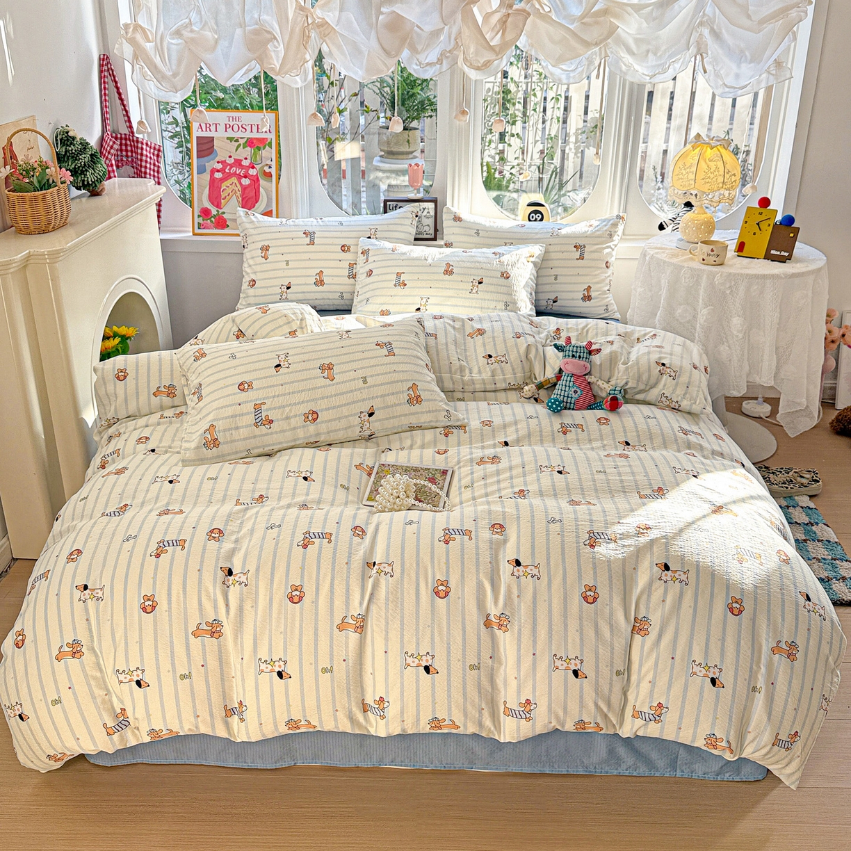 91家纺网 家纺一手货源 找家纺 朵朵家纺 2026新款云感木棉皱皱纱双层纱印花四件套 来财梦