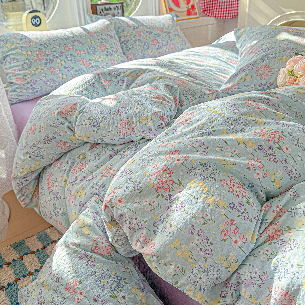 91家纺网 家纺一手货源 找家纺 朵朵家纺 2026新款云感木棉皱皱纱双层纱印花四件套 春野集