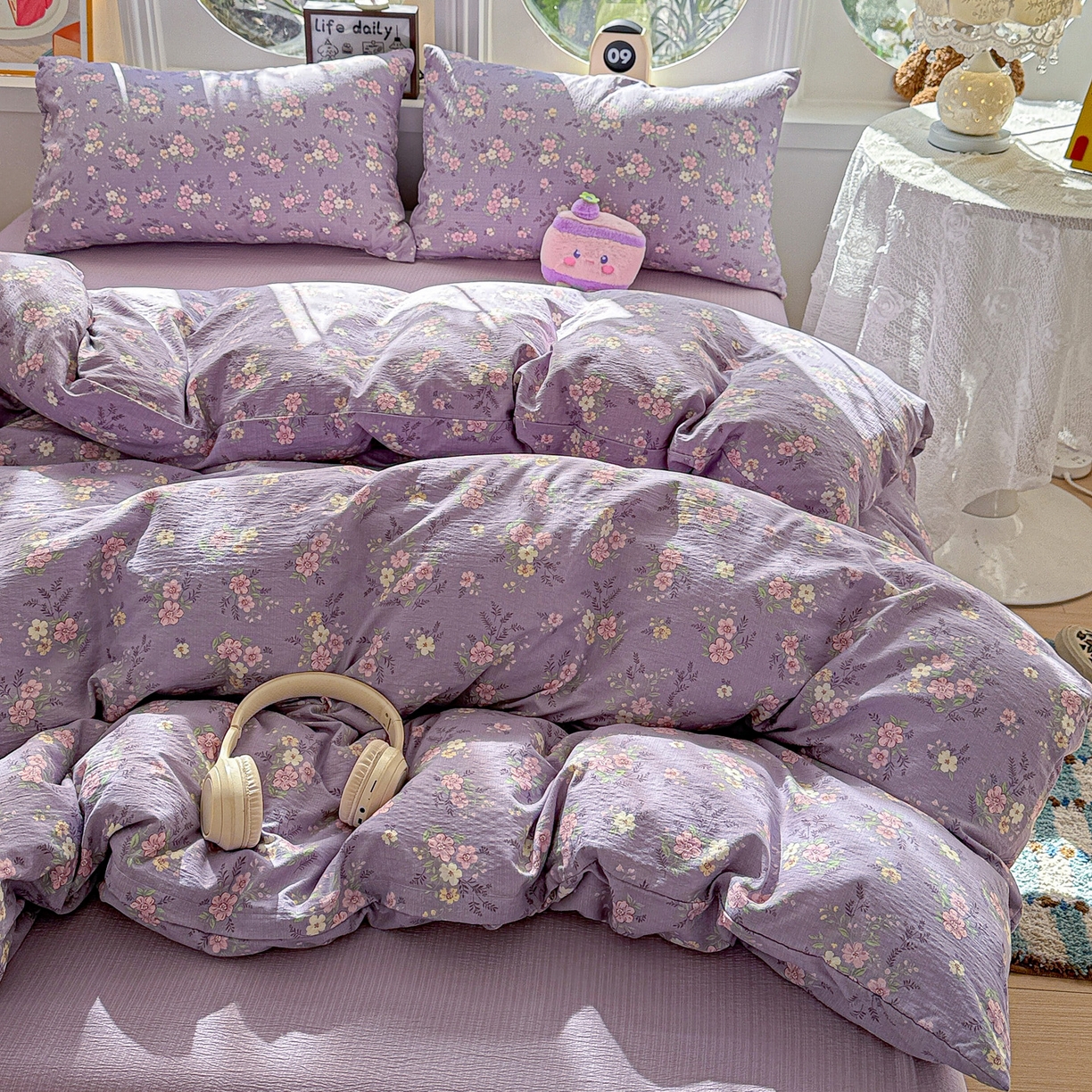 91家纺网 家纺一手货源 找家纺 朵朵家纺 2026新款云感木棉皱皱纱双层纱印花四件套 芊芊花语