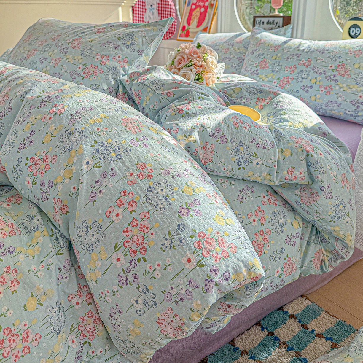 91家纺网 家纺一手货源 找家纺 朵朵家纺 2026新款云感木棉皱皱纱双层纱印花四件套 春野集