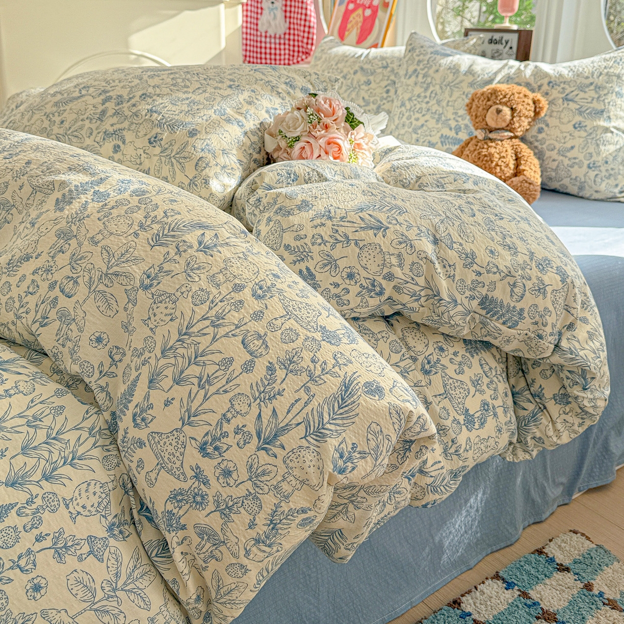 91家纺网 家纺一手货源 找家纺 朵朵家纺 2026新款云感木棉皱皱纱双层纱印花四件套 森林密语