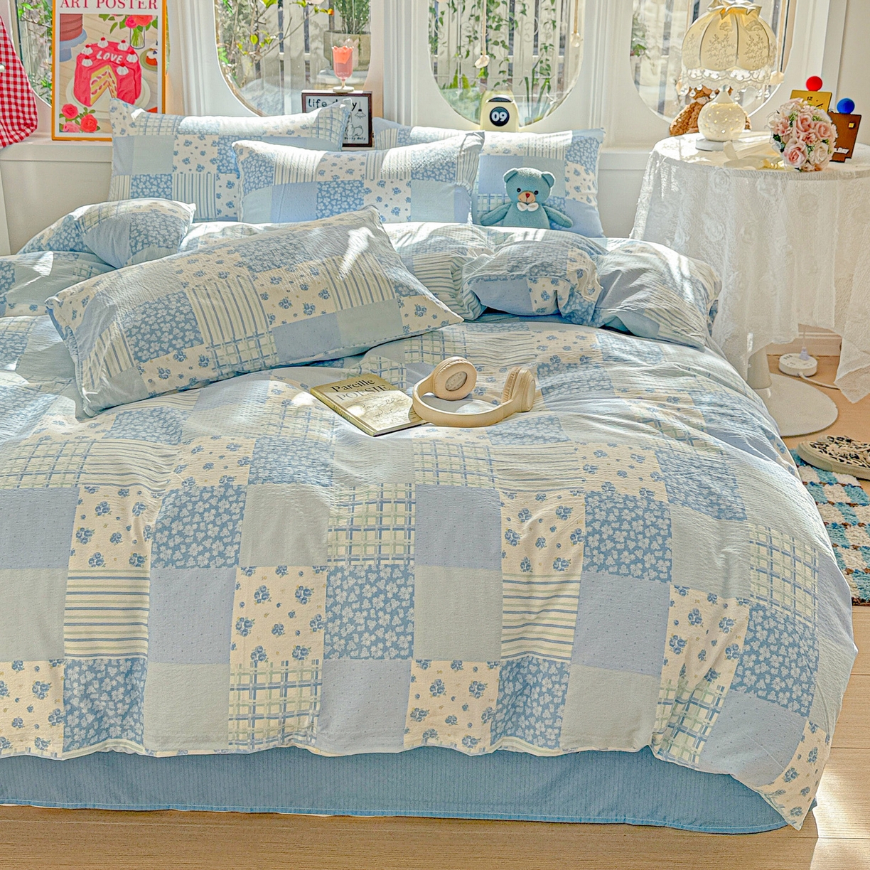 91家纺网 家纺一手货源 找家纺 朵朵家纺 2026新款云感木棉皱皱纱双层纱印花四件套 兰溪