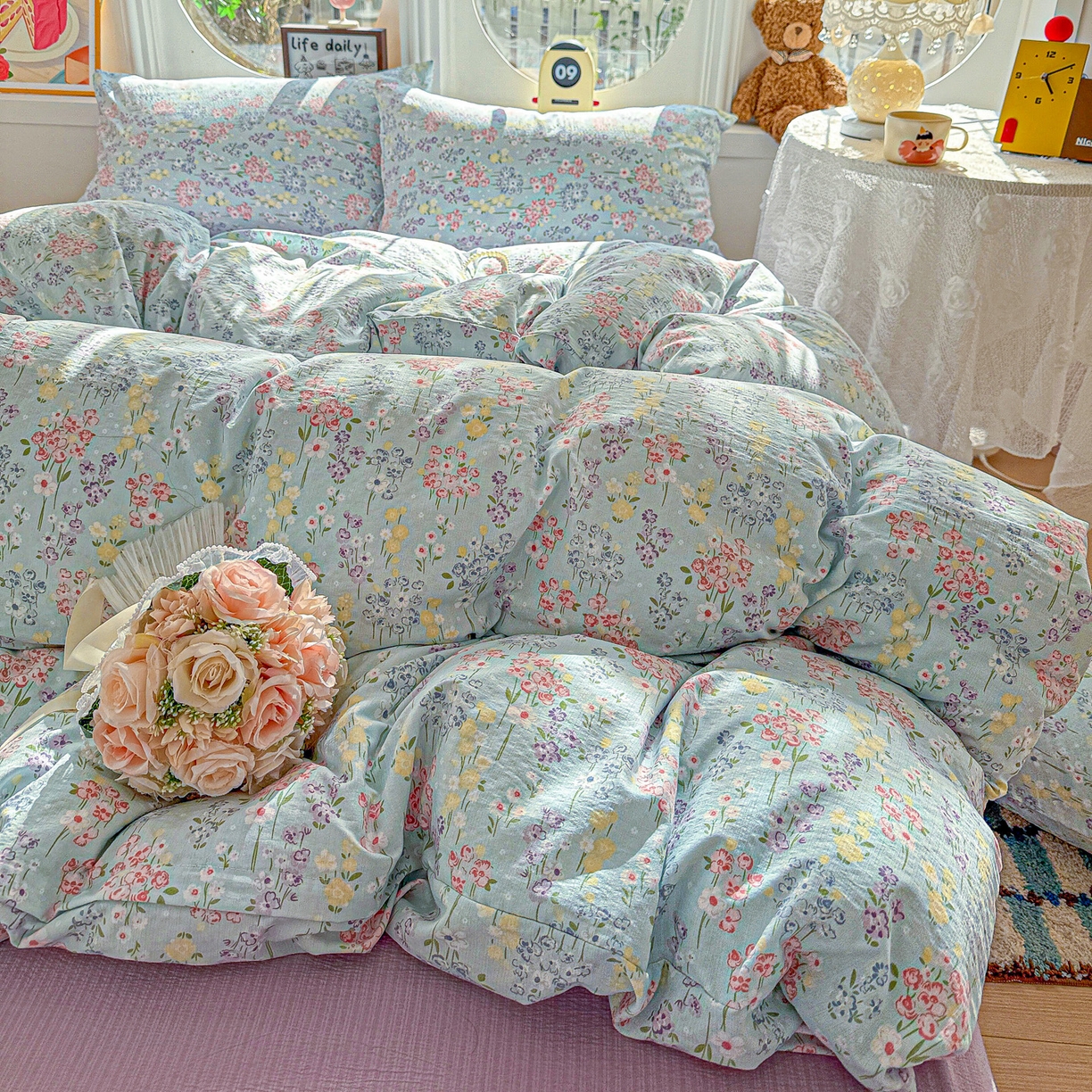 91家纺网 家纺一手货源 找家纺 朵朵家纺 2026新款云感木棉皱皱纱双层纱印花四件套 春野集