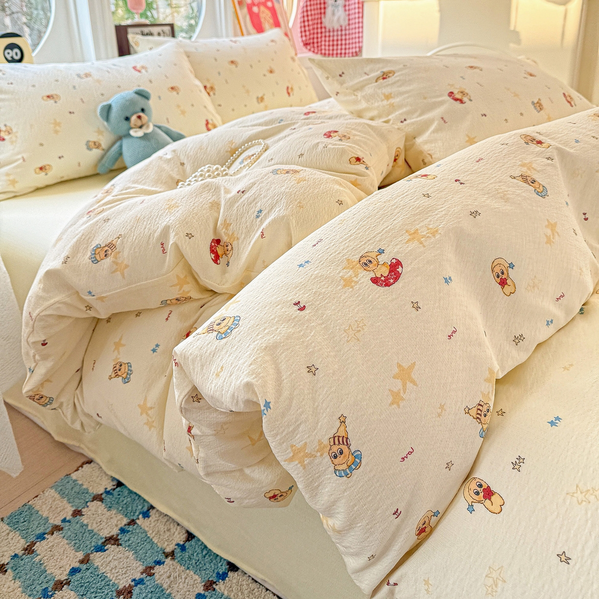 朵朵家纺 2026新款云感木棉皱皱纱双层纱印花四件套 星星人