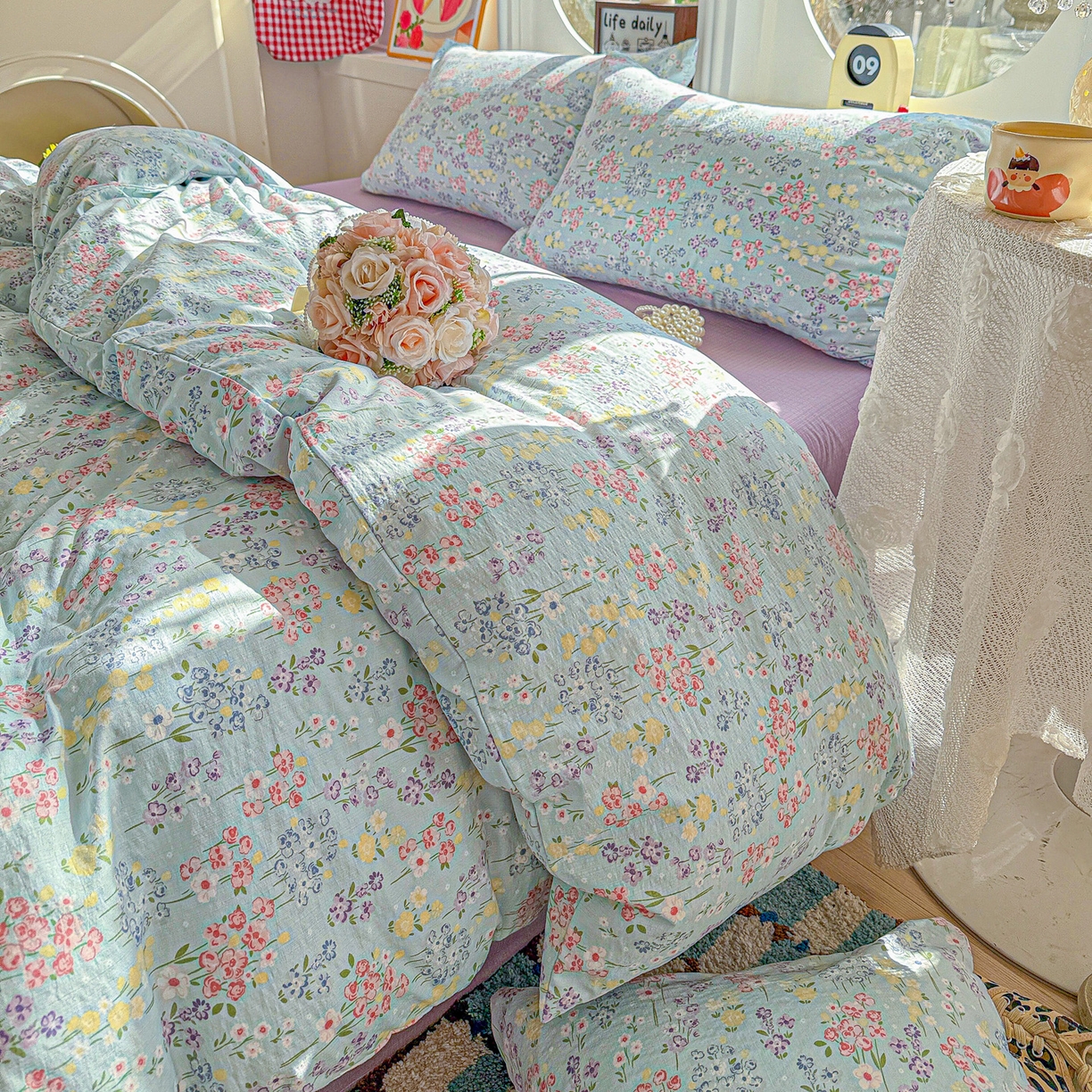 91家纺网 家纺一手货源 找家纺 朵朵家纺 2026新款云感木棉皱皱纱双层纱印花四件套 春野集