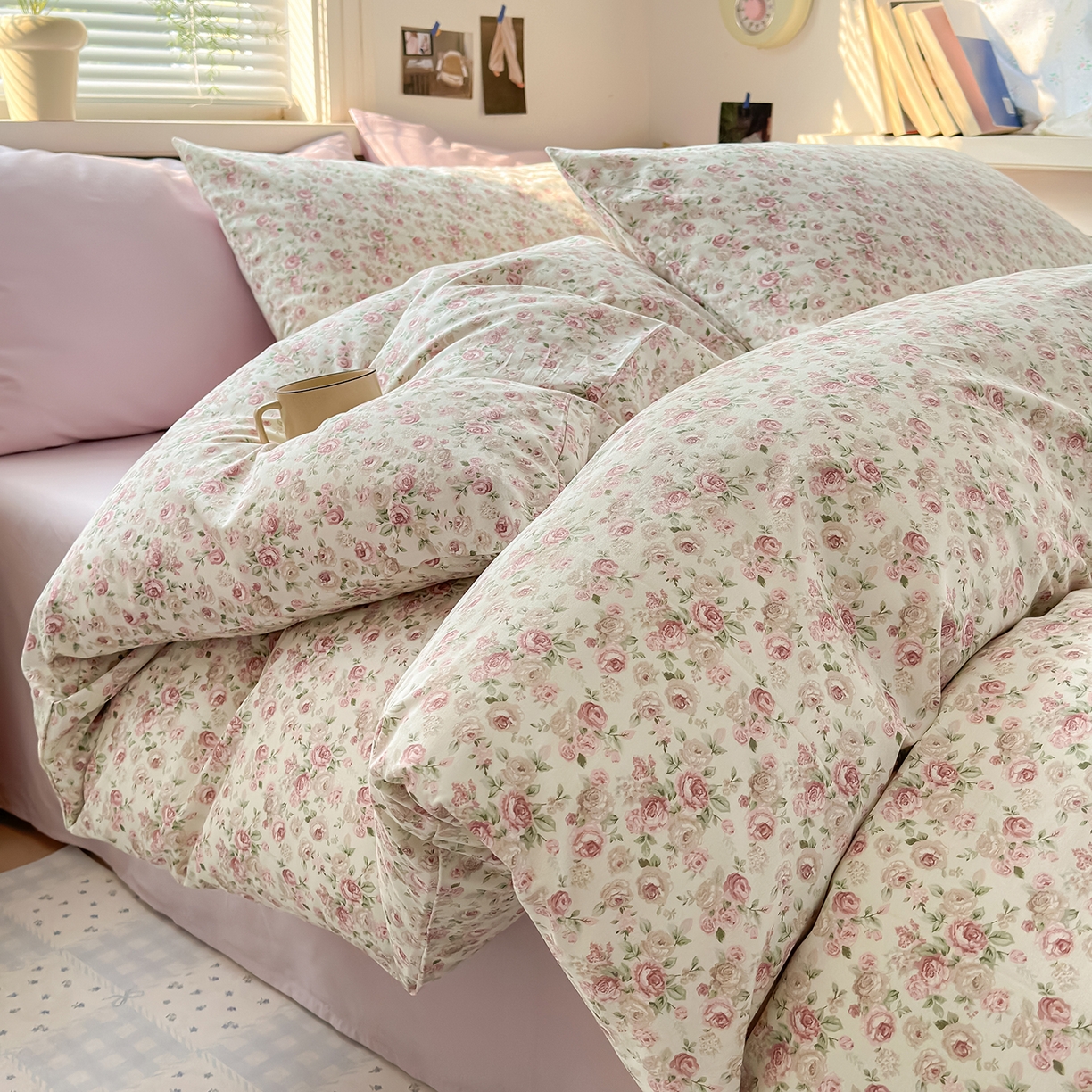 91家纺网 家纺一手货源 找家纺 麦伦家居 2026春夏新品13372全棉卡通小清新四件套 小玫瑰紫