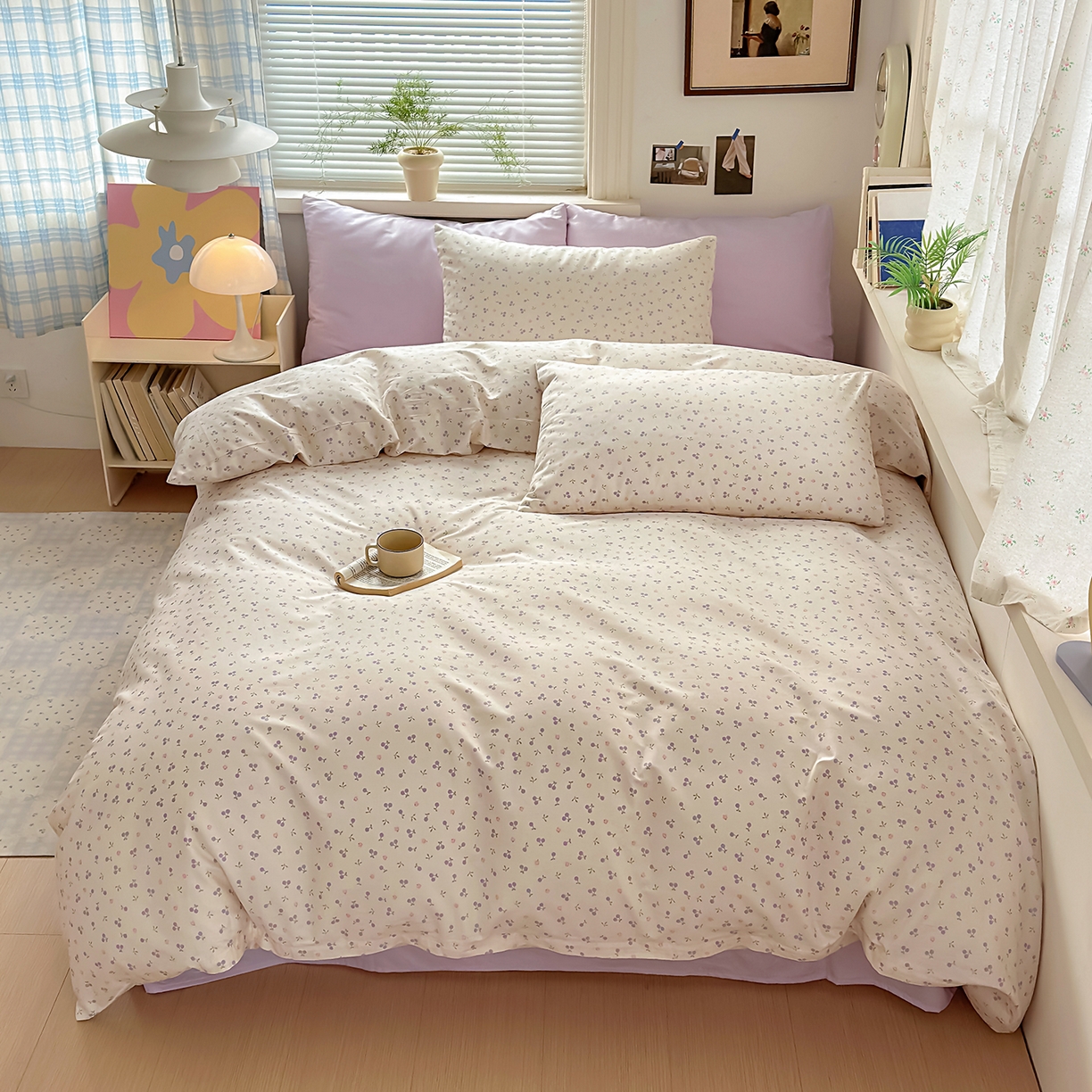 91家纺网 家纺一手货源 找家纺 麦伦家居 2026春夏新品13372全棉卡通小清新四件套 紫樱桃