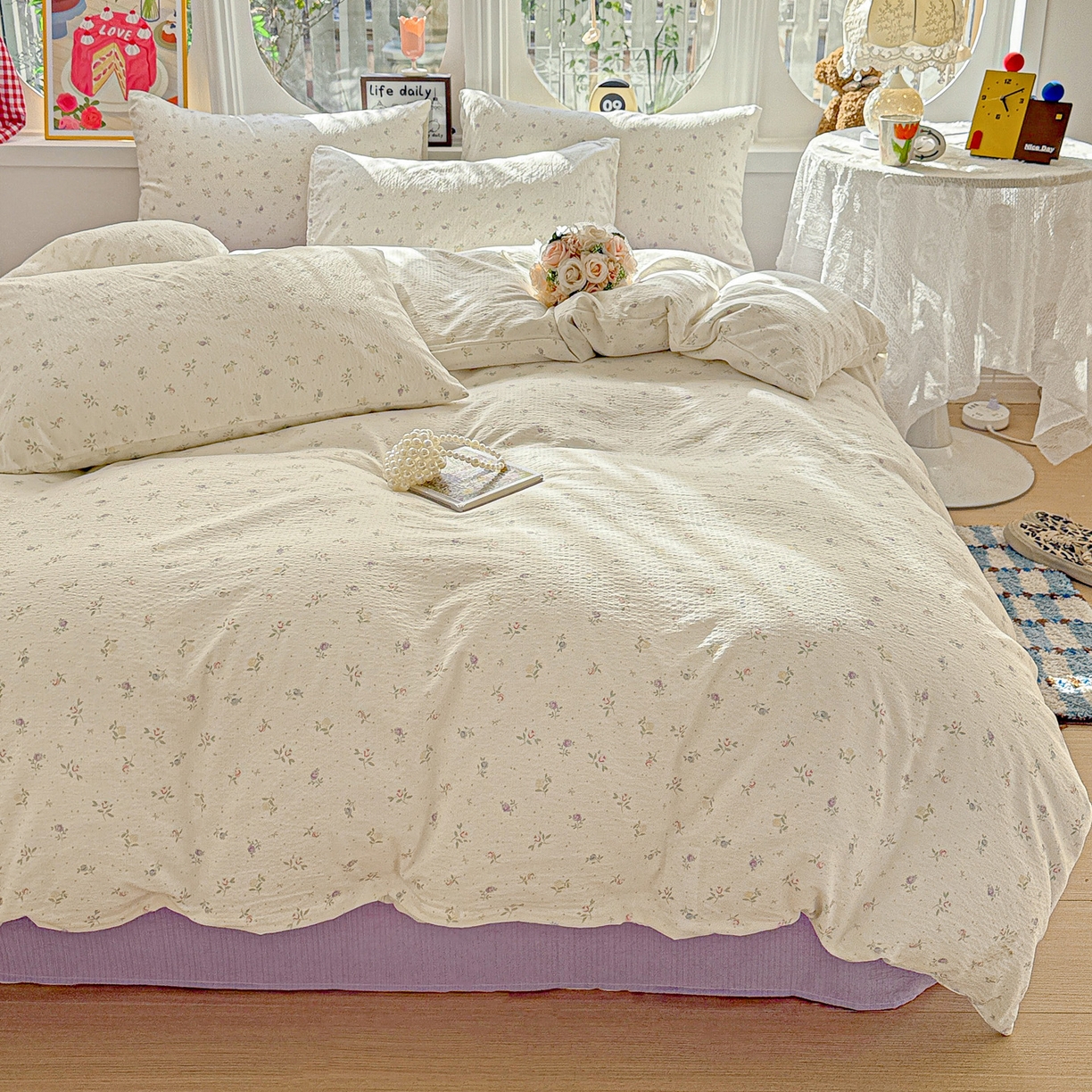 91家纺网 家纺一手货源 找家纺 朵朵家纺 2026新款云感木棉皱皱纱双层纱印花四件套 繁星春水