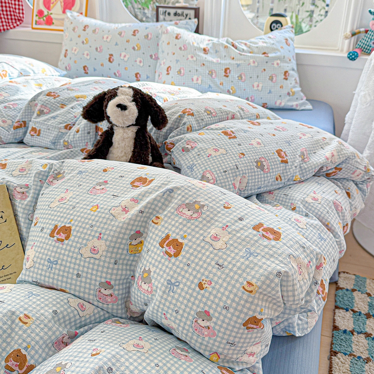 91家纺网 家纺一手货源 找家纺 朵朵家纺 2026新款云感木棉皱皱纱双层纱印花四件套 萌宠派对