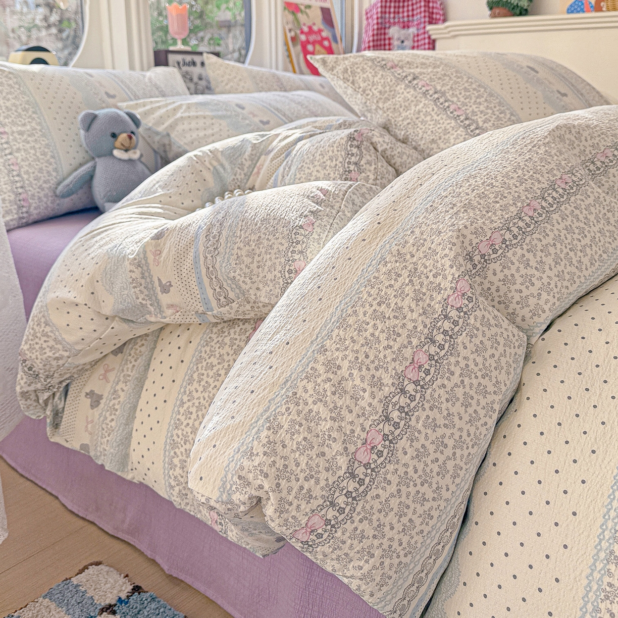 91家纺网 家纺一手货源 找家纺 （总）朵朵家纺 2026新款云感木棉皱皱纱双层纱印花四件套