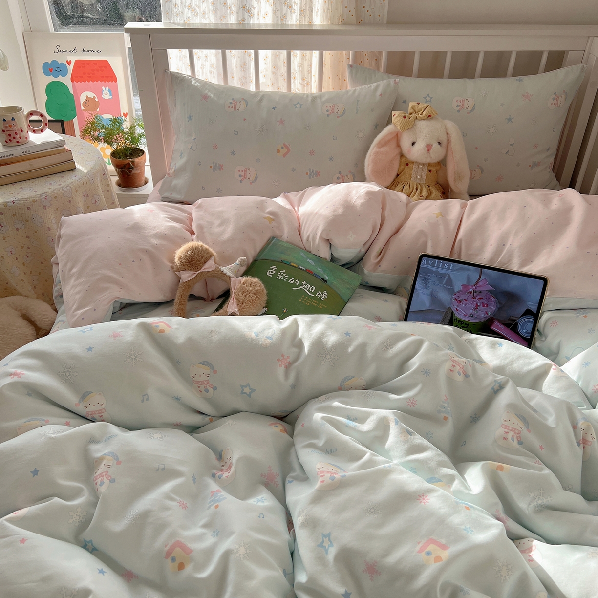 91家纺网 家纺一手货源 找家纺 桃喜 2026春夏新品全棉卡通学生三件套四件套 雪人小猫