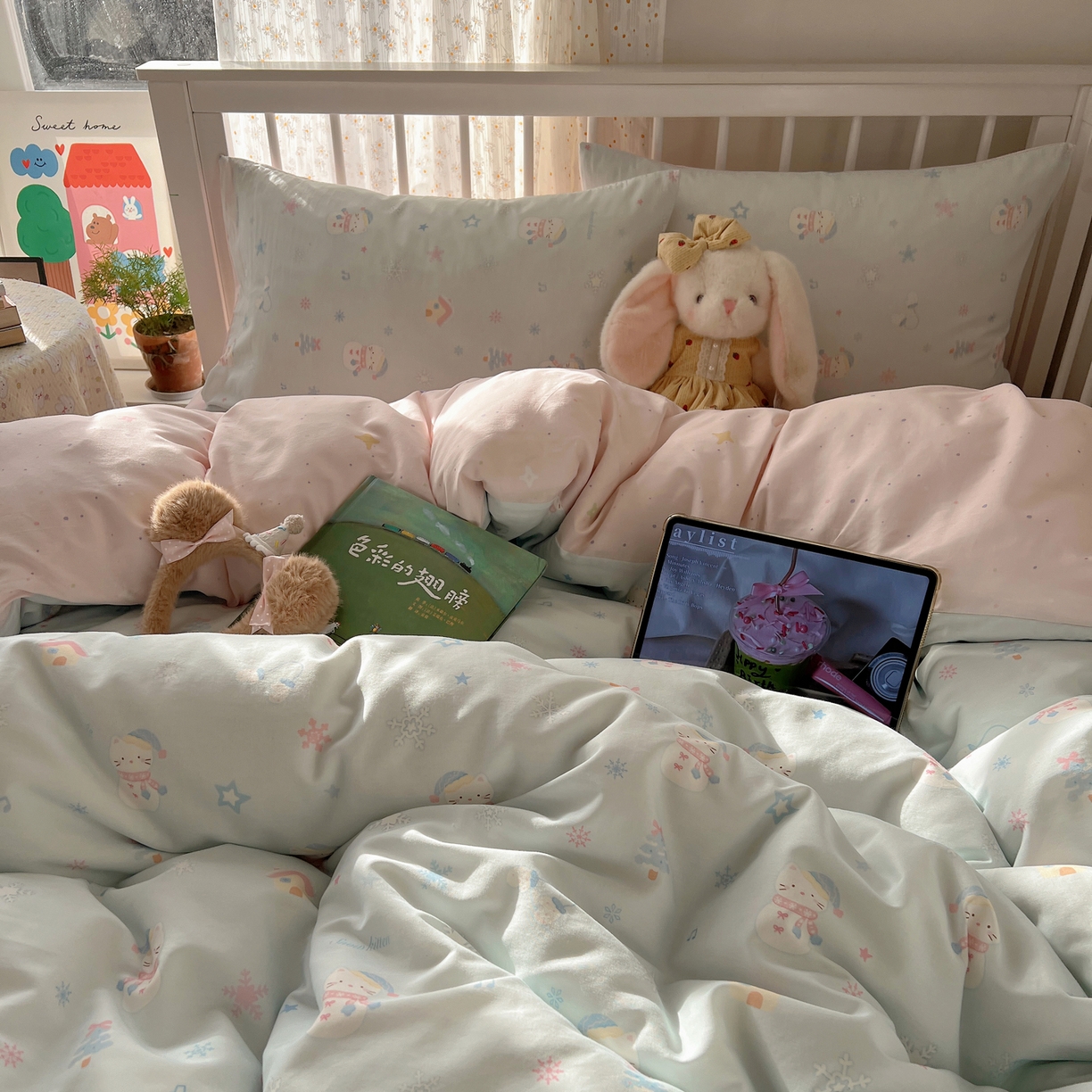 91家纺网 家纺一手货源 找家纺 桃喜 2026春夏新品全棉卡通学生三件套四件套 雪人小猫