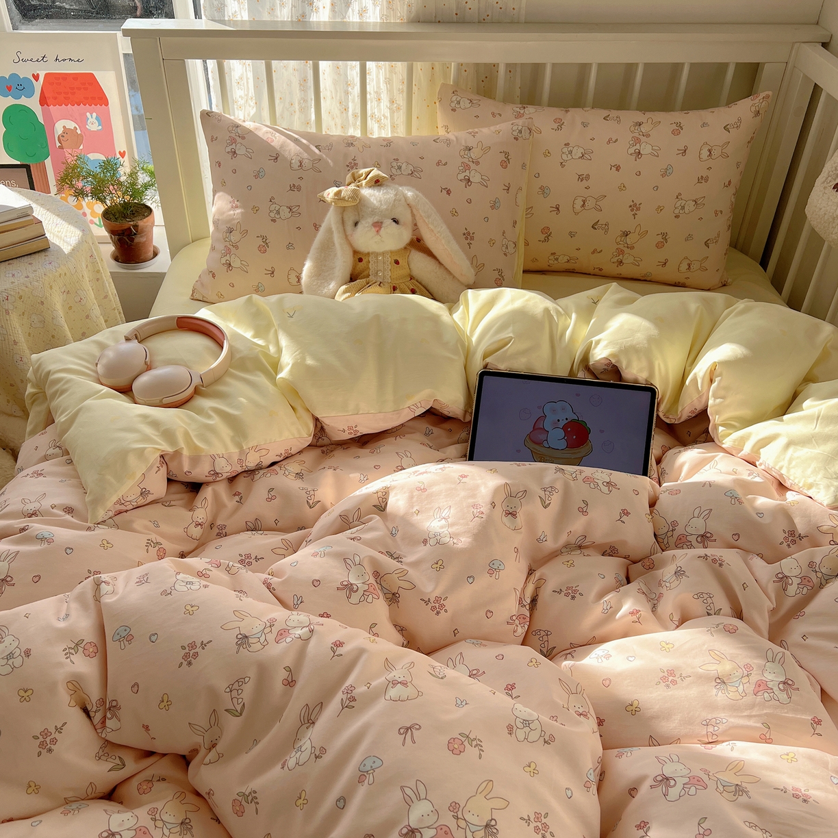 91家纺网 家纺一手货源 找家纺 桃喜 2026春夏新品全棉卡通学生三件套四件套 碎花小兔