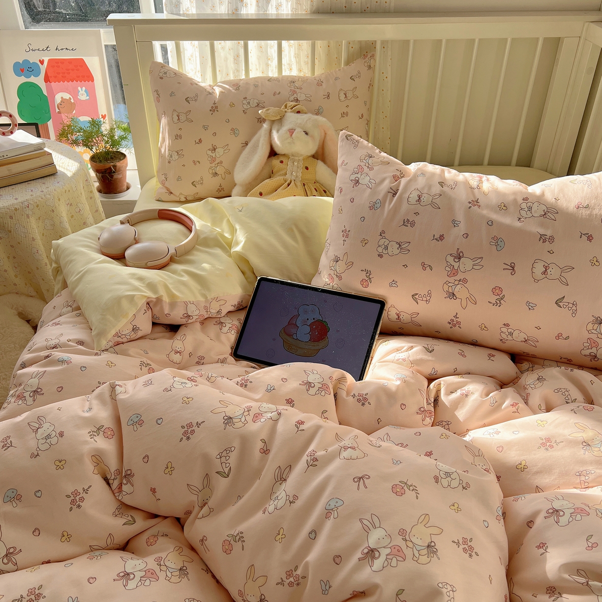 91家纺网 家纺一手货源 找家纺 桃喜 2026春夏新品全棉卡通学生三件套四件套 碎花小兔