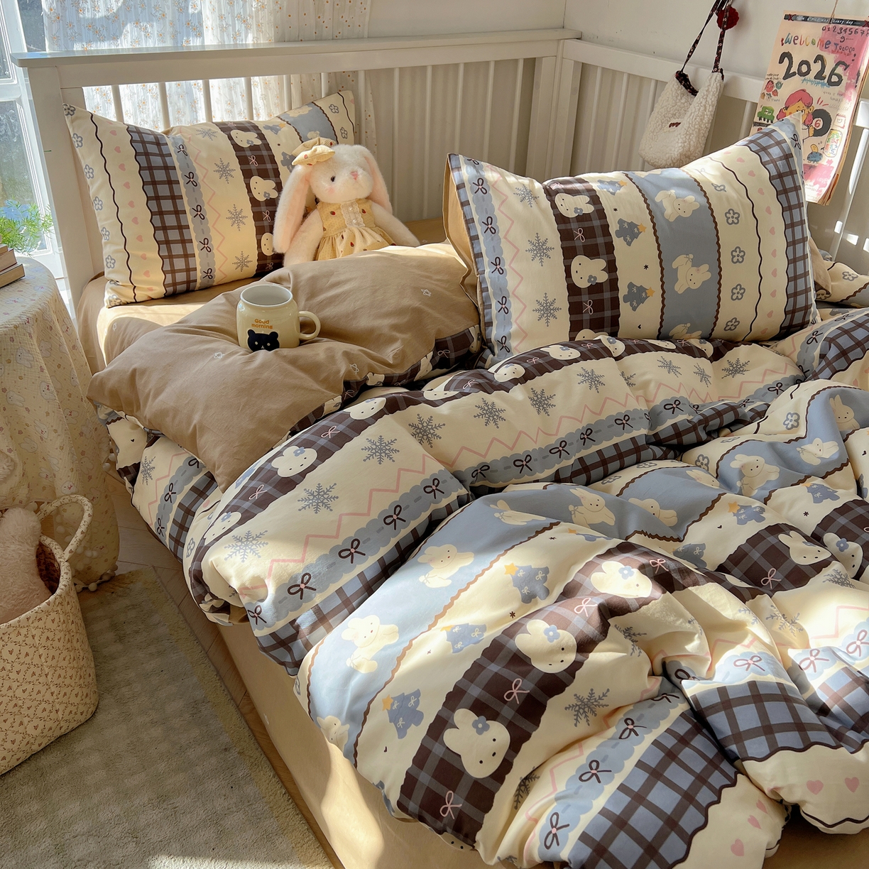 91家纺网 家纺一手货源 找家纺 桃喜 2026春夏新品全棉卡通学生三件套四件套 费尔岛小兔