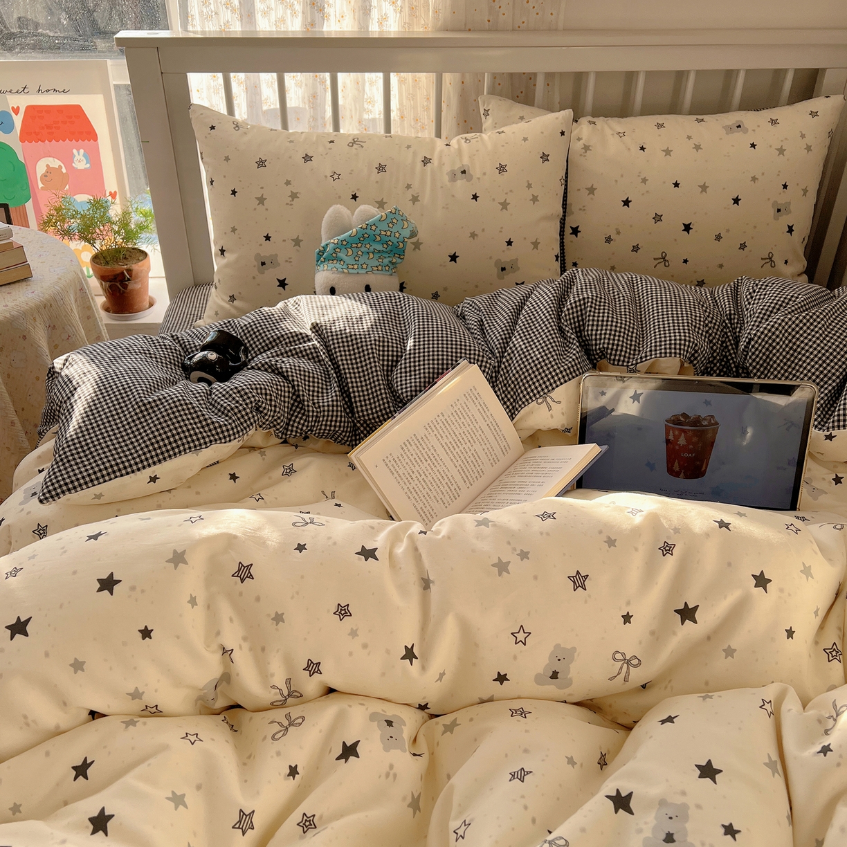 91家纺网 家纺一手货源 找家纺 桃喜 2026春夏新品全棉卡通学生三件套四件套 黑白星星熊