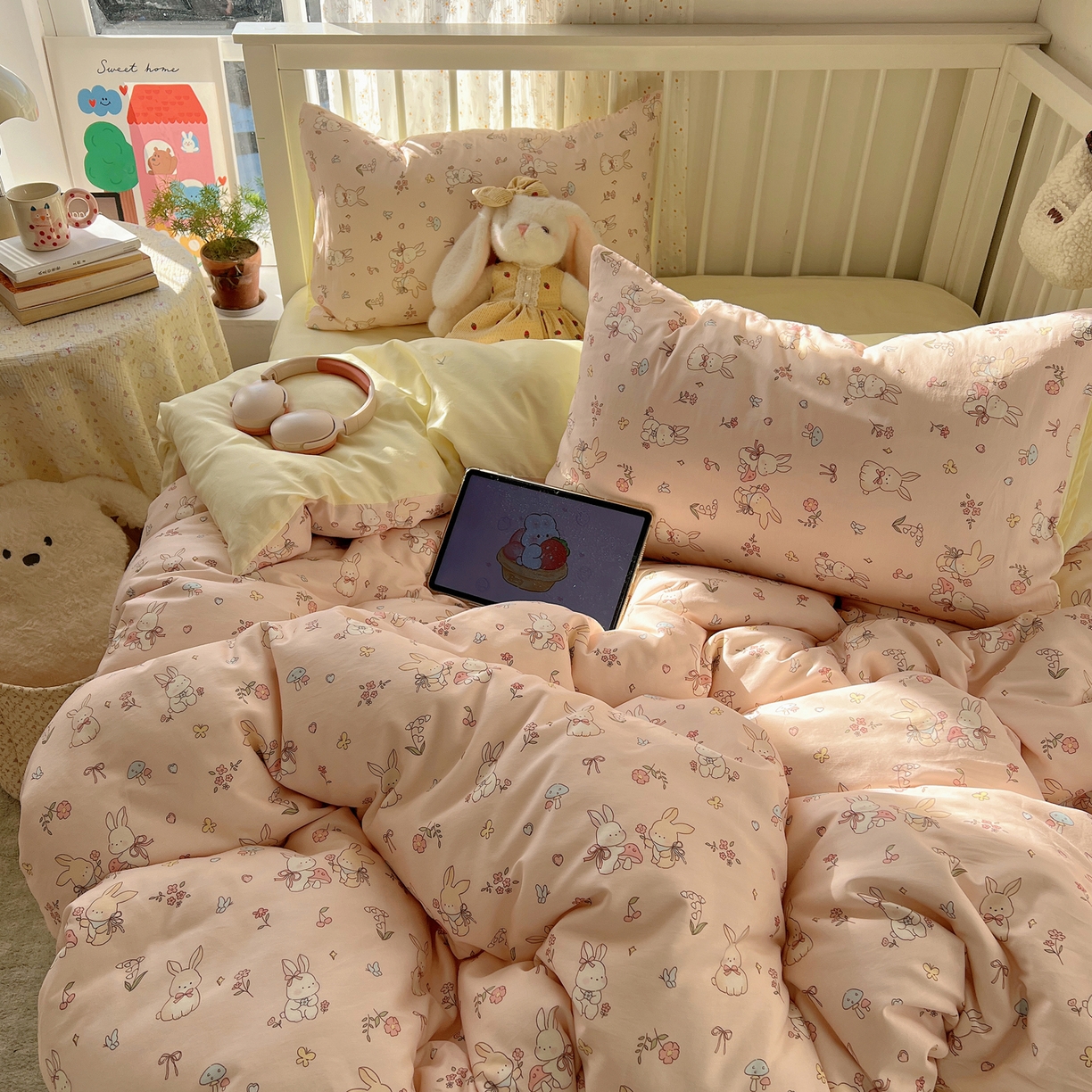 91家纺网 家纺一手货源 找家纺 桃喜 2026春夏新品全棉卡通学生三件套四件套 碎花小兔