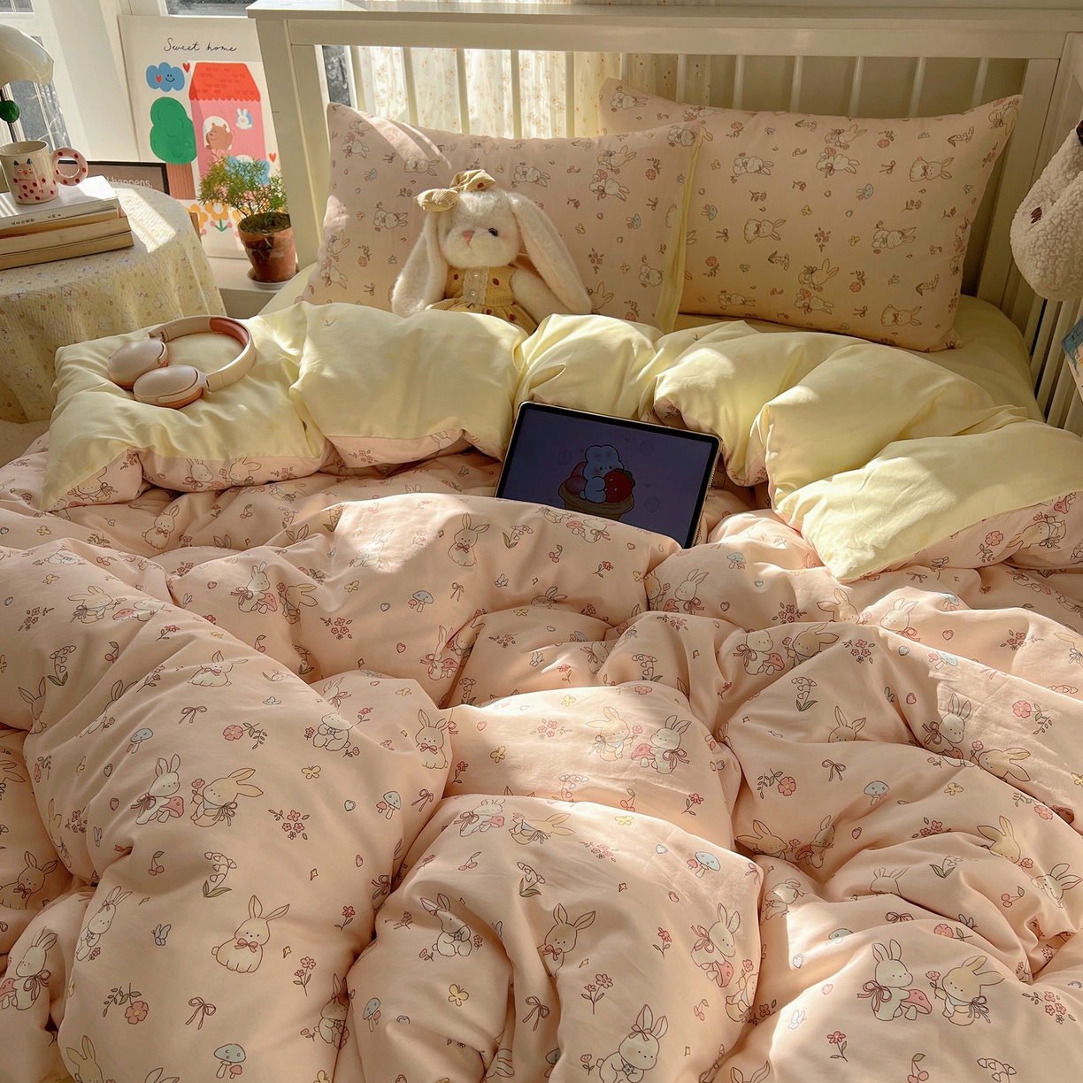 91家纺网 家纺一手货源 找家纺 桃喜 2026春夏新品全棉卡通学生三件套四件套 碎花小兔