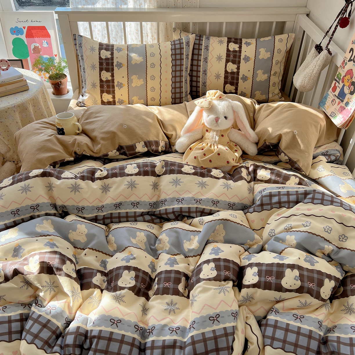 91家纺网 家纺一手货源 找家纺 桃喜 2026春夏新品全棉卡通学生三件套四件套 费尔岛小兔