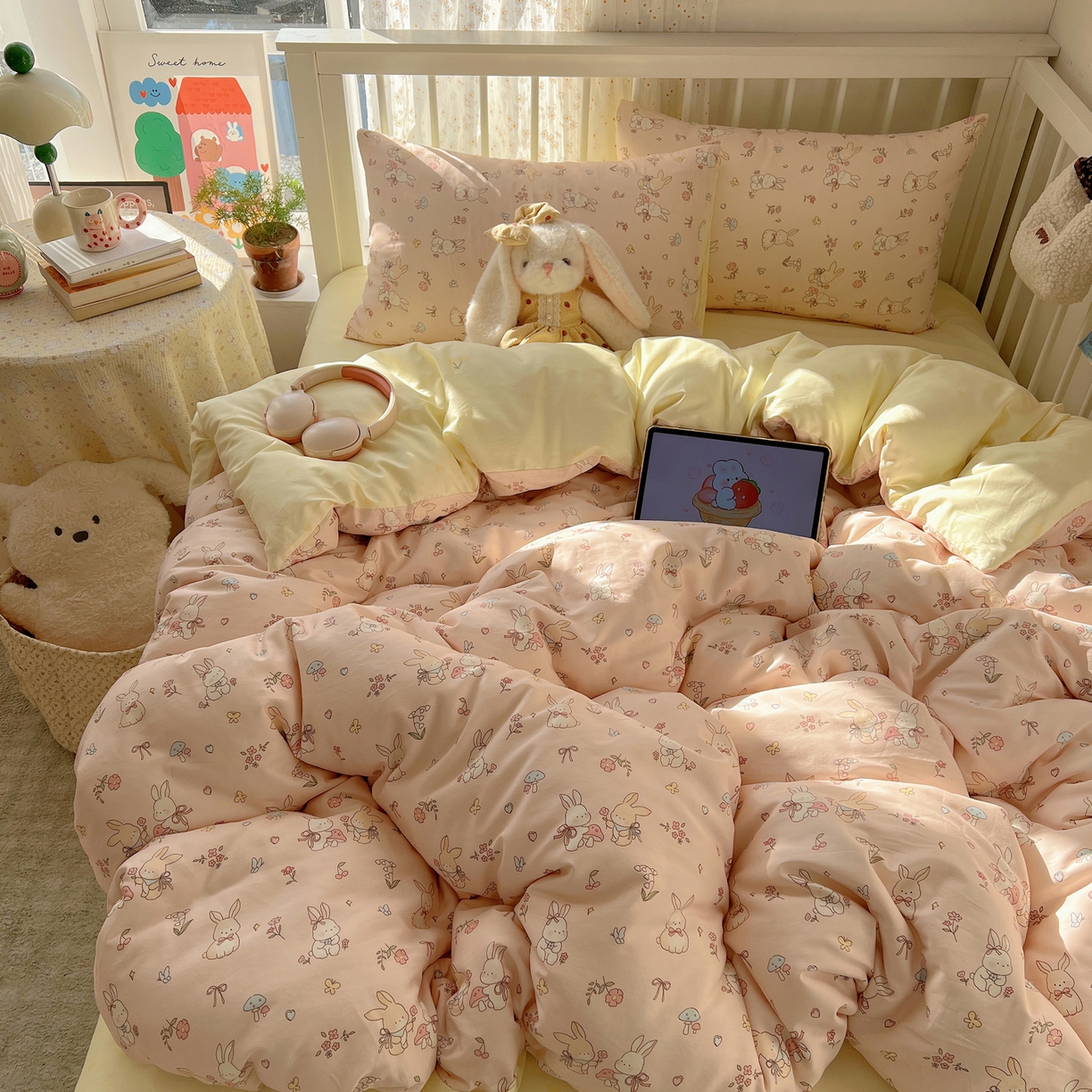 91家纺网 家纺一手货源 找家纺 桃喜 2026春夏新品全棉卡通学生三件套四件套 碎花小兔